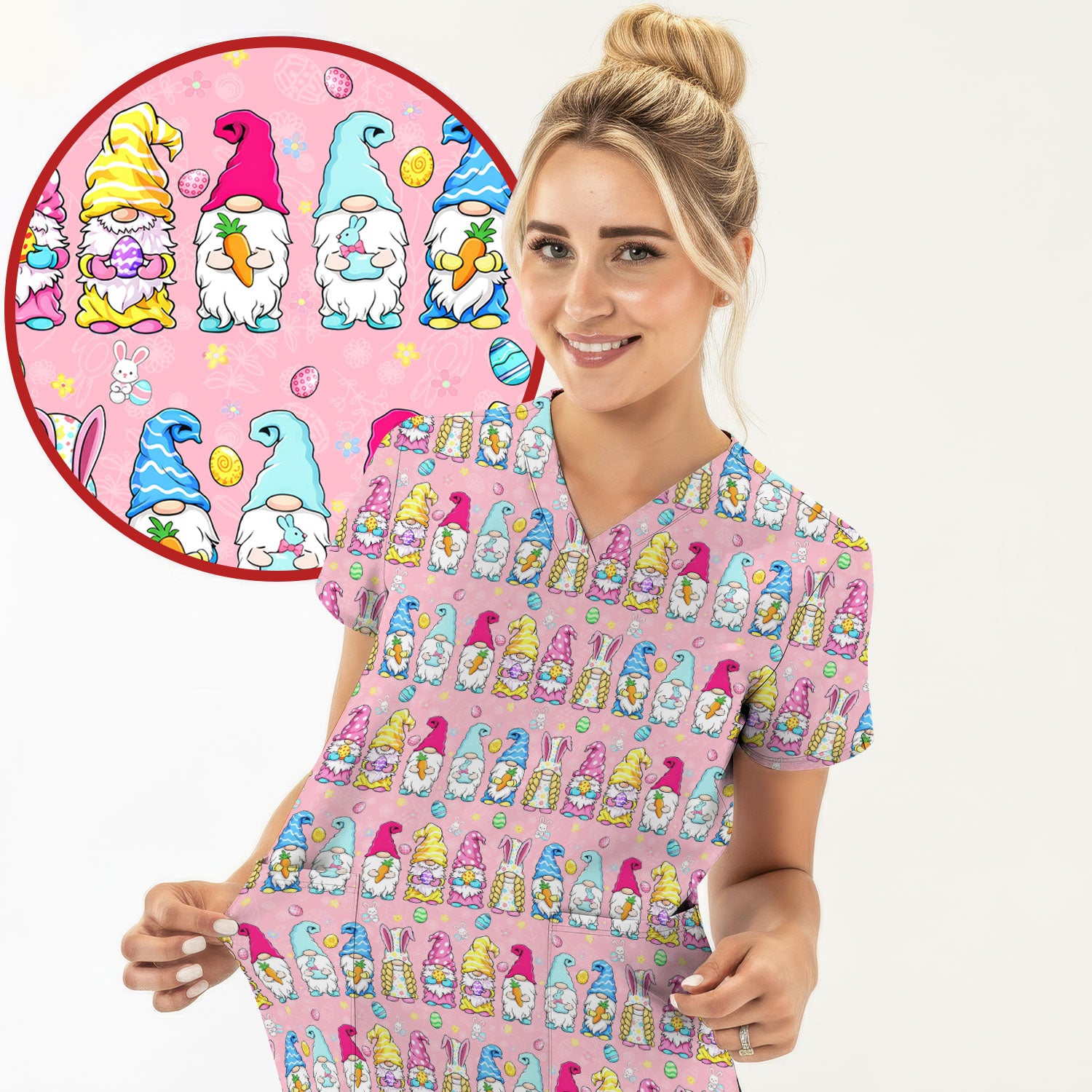 Colorful Easter Gnome Bunny Eggs Print Scrub Top, Comfortable Scrubs for Nurses