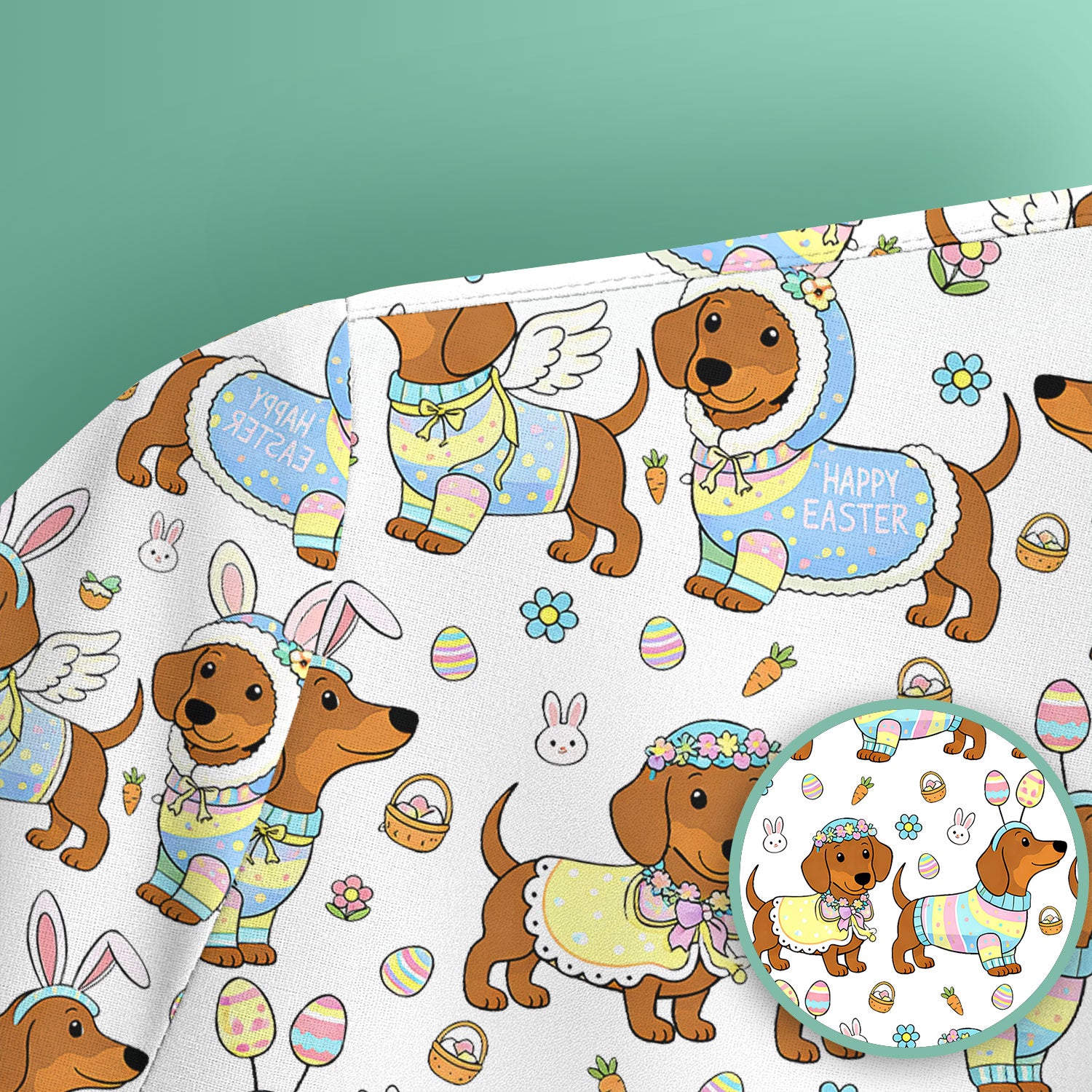 Easter Dachshund Bunny Print Scrub Top, Breathable Fabrics Nursing Uniform