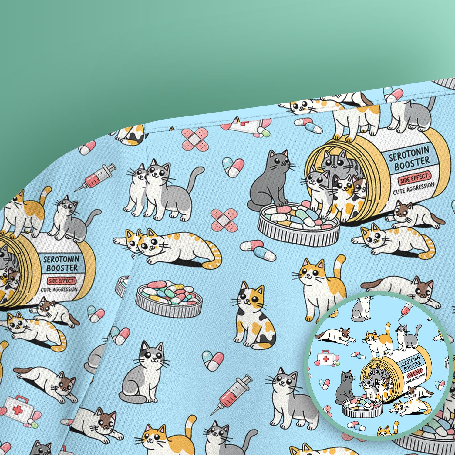 Cute Cat Serotonin Booster Pattern Scrub Top, Comfortable Scrubs for Nurses
