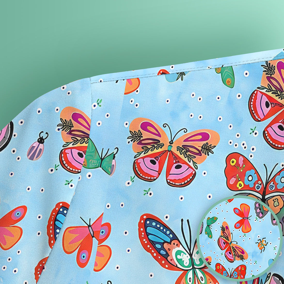 Colorful Butterfly Garden Pattern Scrub Top, Breathable Fabrics Nursing Uniform