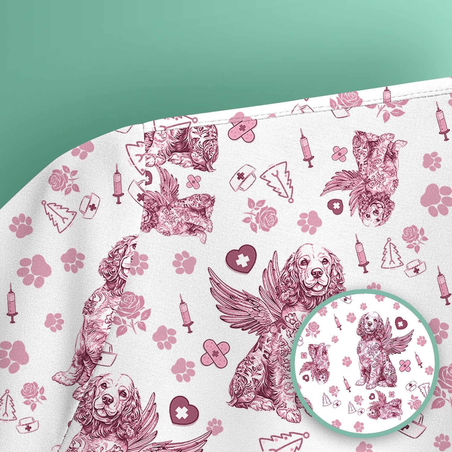 Toile De Jouy Scrubs for Nurses - Angel Puppy Medical Uniform - Floral Dog in Heaven Gift for Women, Vet Techs, RN CNA LPN