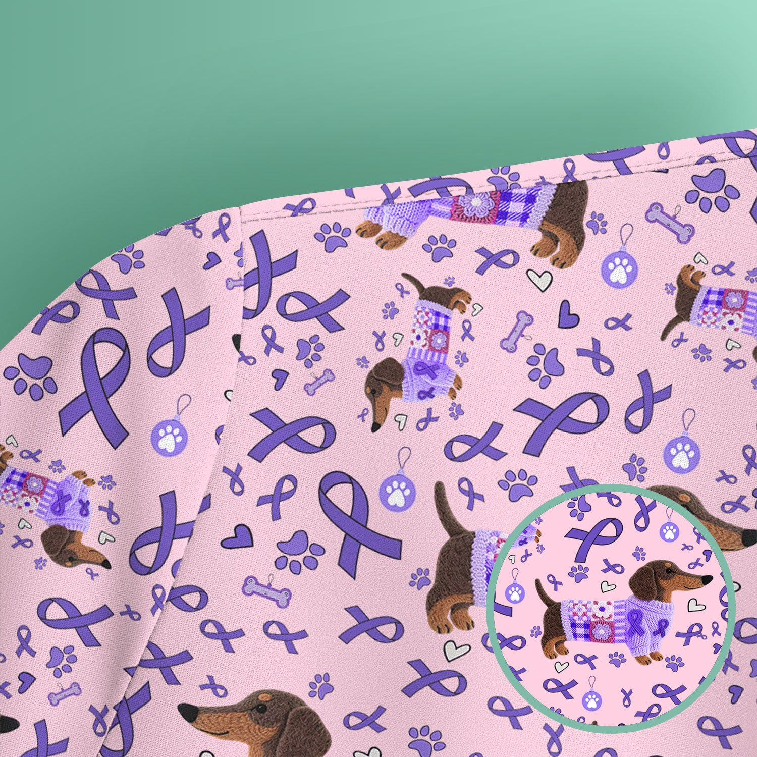 Purple Ribbon Dachshund Scrub Top for Nurses - Cute Awareness Dog Paw Prints - Support Lupus Cancer Med Uniform Gift for Women