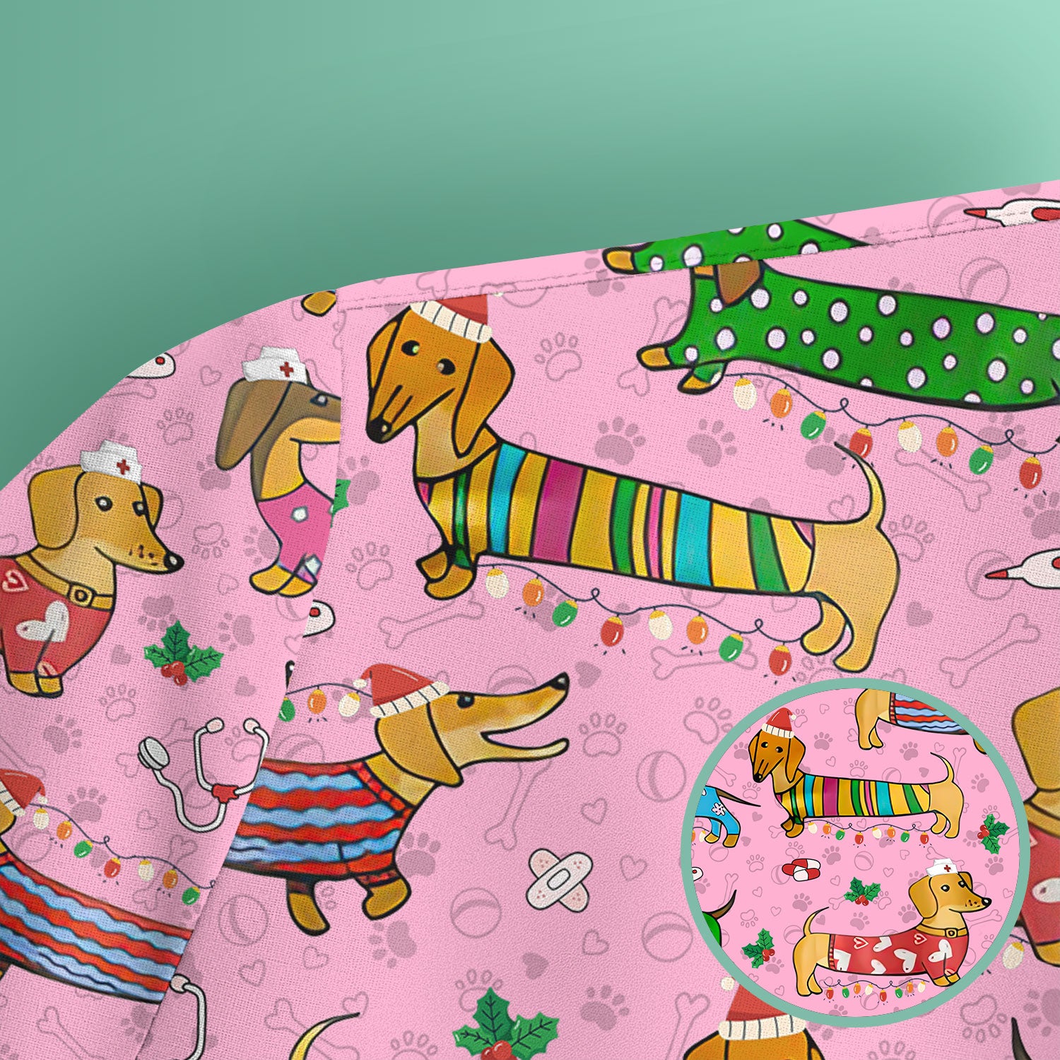Christmas Dachshund Nurse Scrub Top - Cute Wiener Dog in Holiday Outfit - Funny Medical Shirt Gift for Women RN LPN CNA