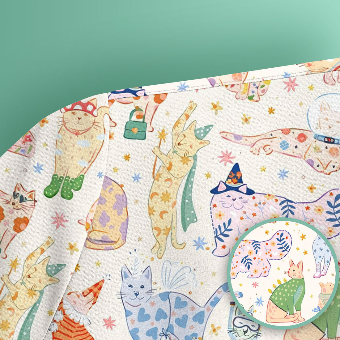 Colorful Pastel Cartoon Cats Print Scrub Top, Breathable Fabrics Nursing Uniform