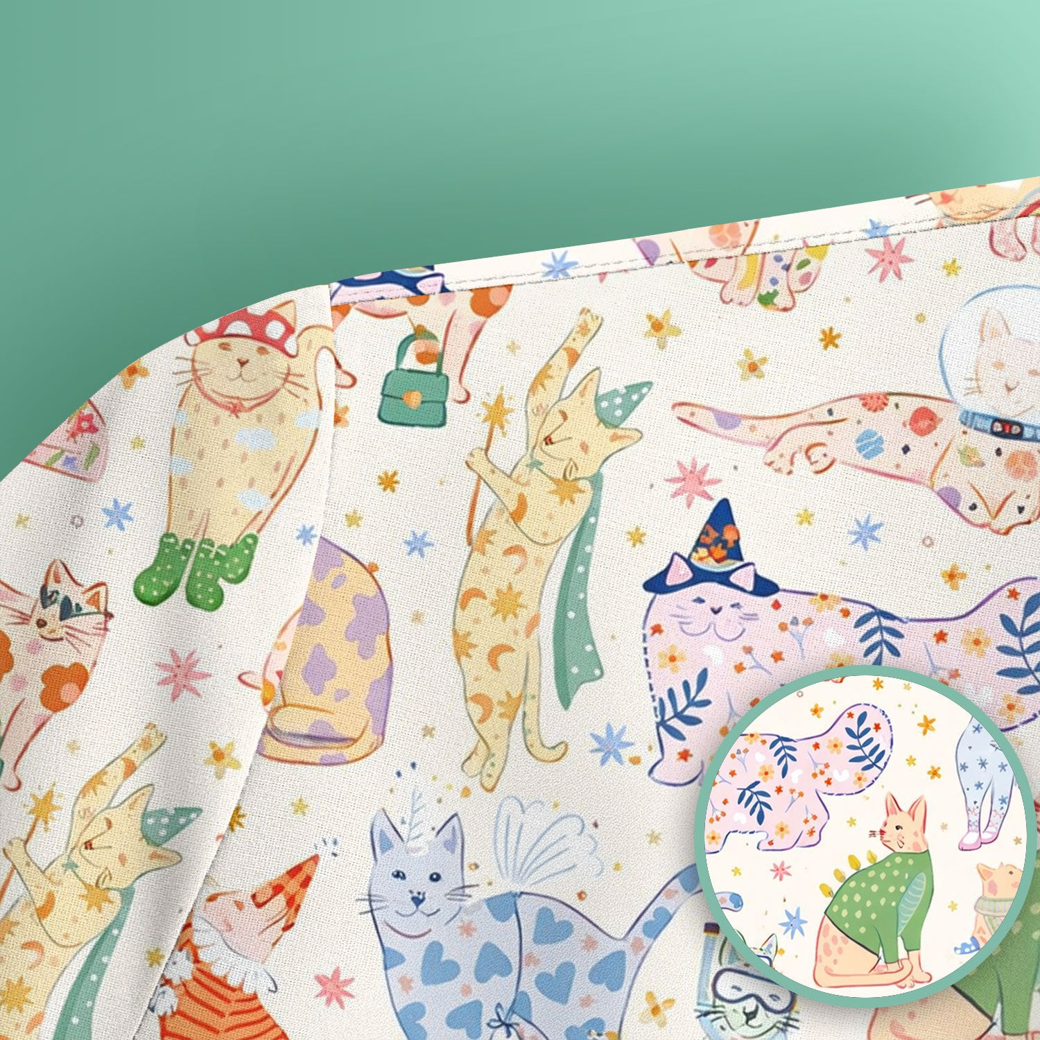 Colorful Pastel Cartoon Cats Print Scrub Top, Breathable Fabrics Nursing Uniform
