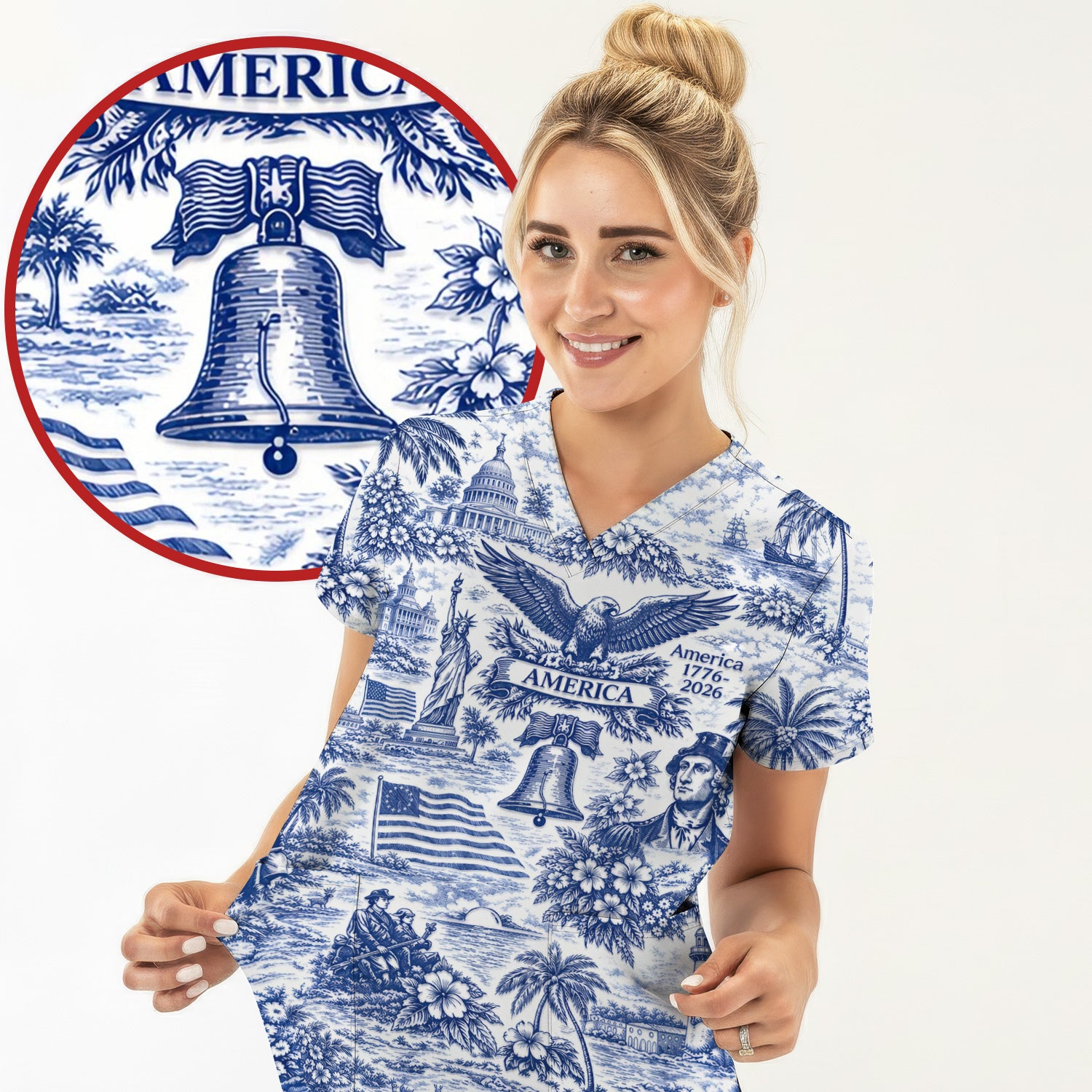 Patriotic America Heritage Toile Pattern Scrub Top, Breathable Fabrics Nursing Uniform