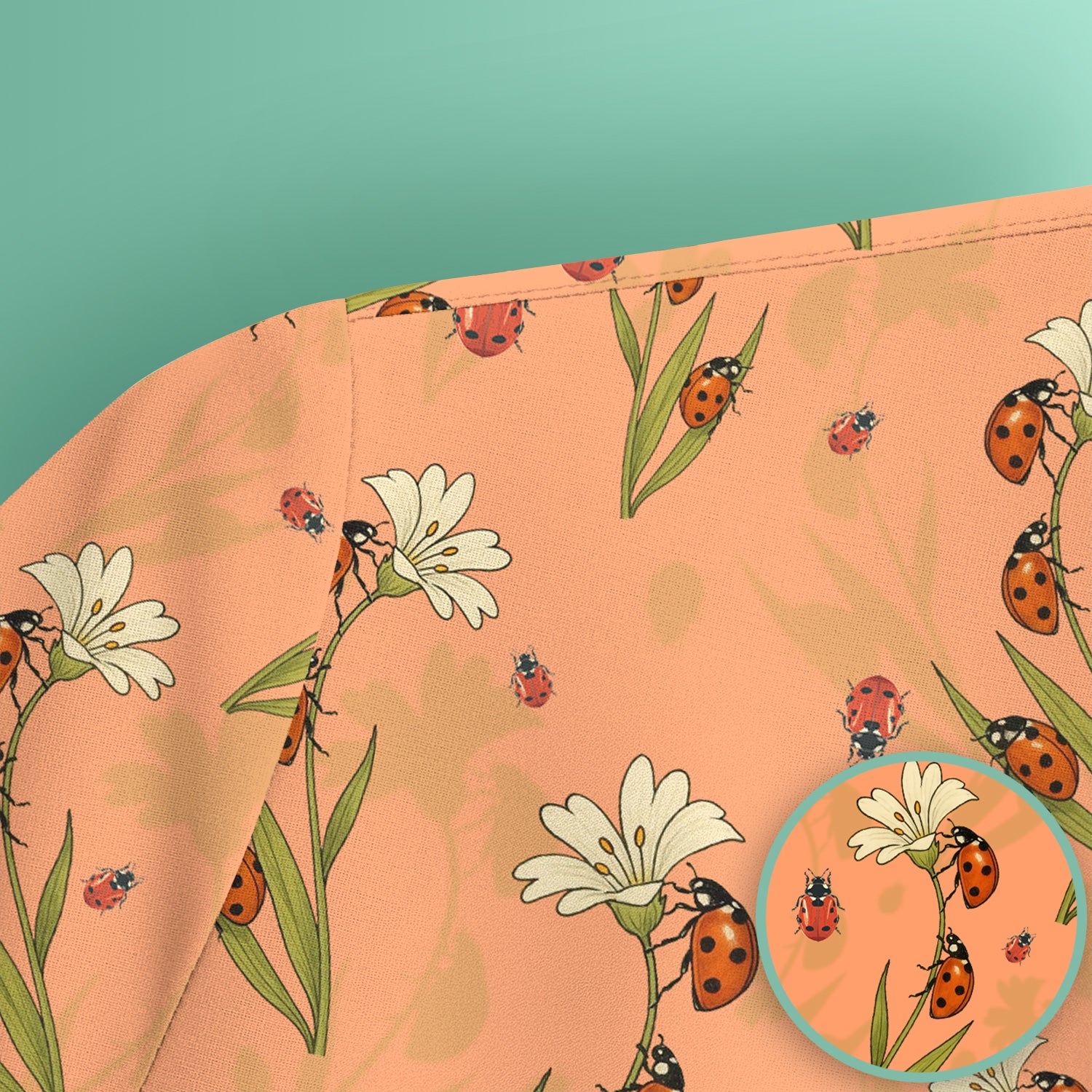 Fresh Daisy Ladybug Garden Pattern Scrub Top, Comfortable Scrubs For Nurses