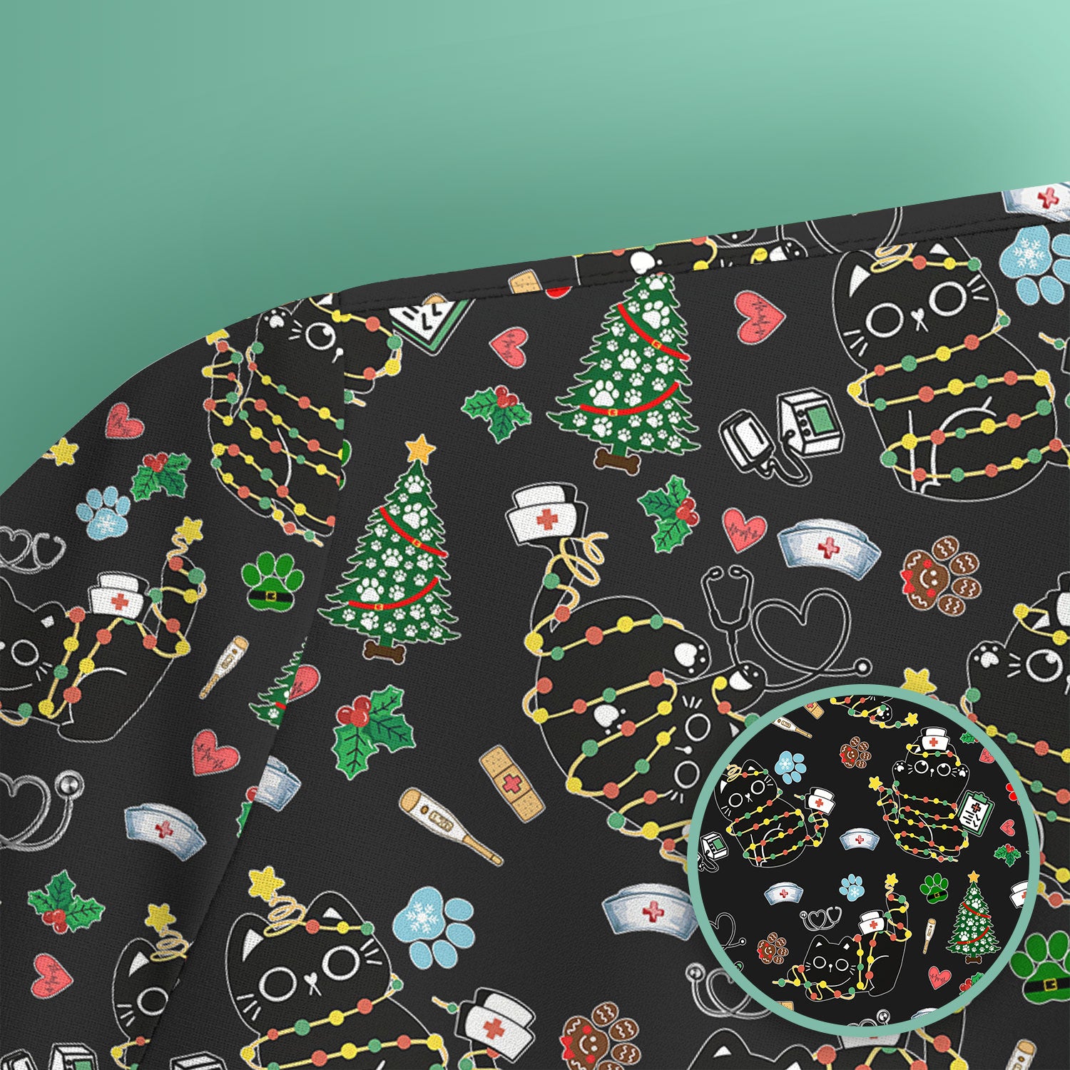Funny Black Cat Christmas Scrub Top – Cute Holiday Kitty Pattern – Festive Medical Uniform for Nurses, Vets, and Cat Lovers