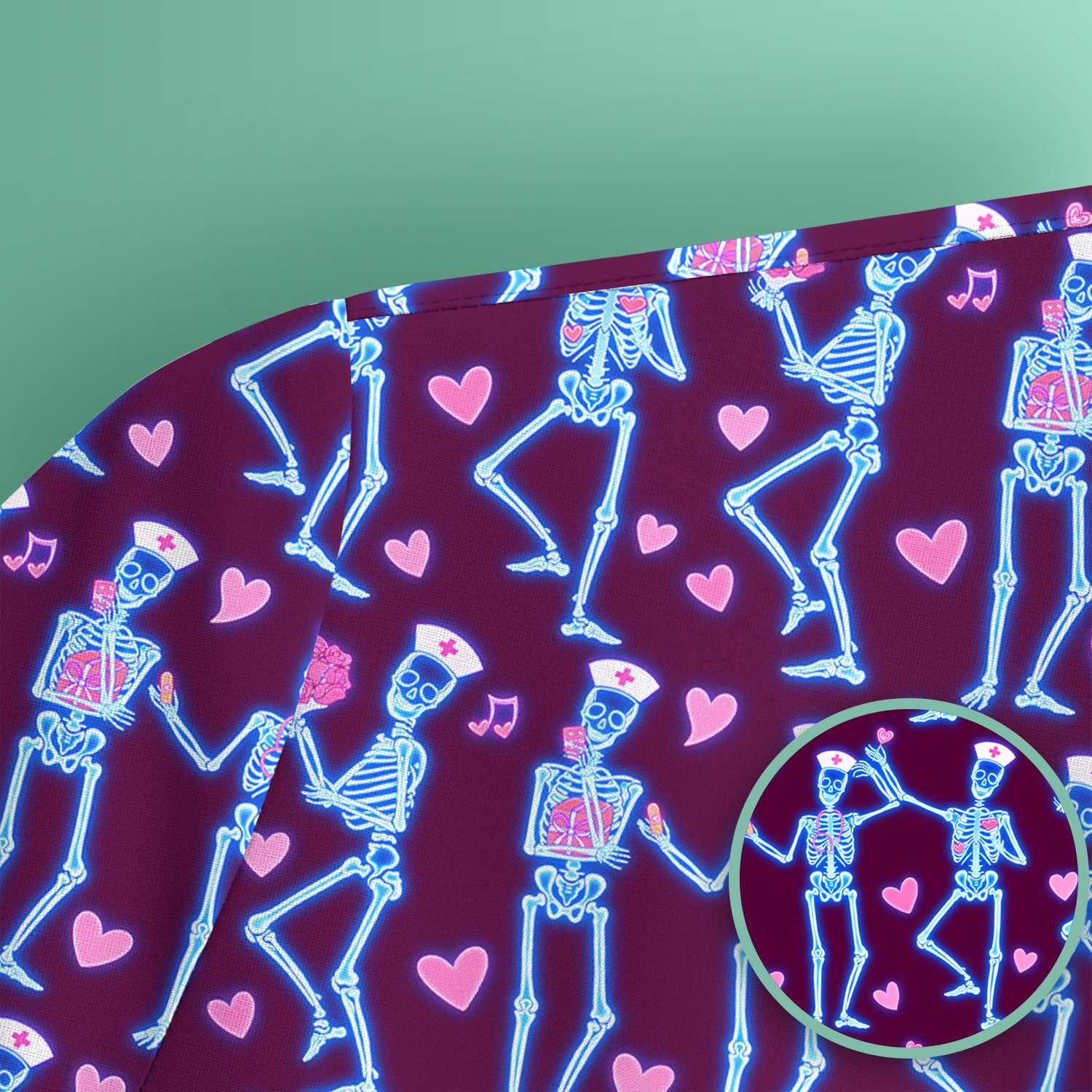 Skeleton Nurse Heart Pattern Scrub Top, Playful Nurse Style, Breathable Fabrics Nursing Uniform