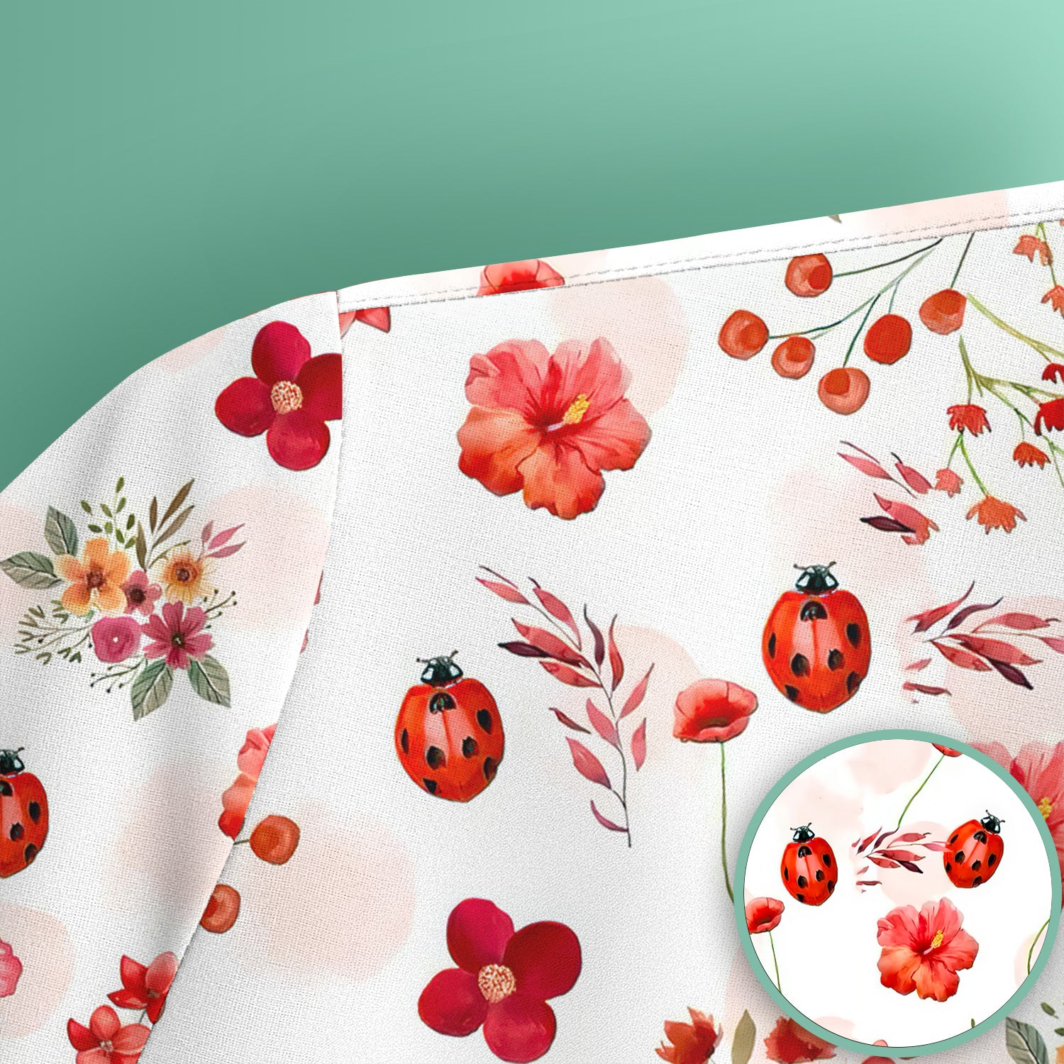 Red Ladybug Floral Garden Pattern Scrub Top, Comfortable Scrubs for Nurses