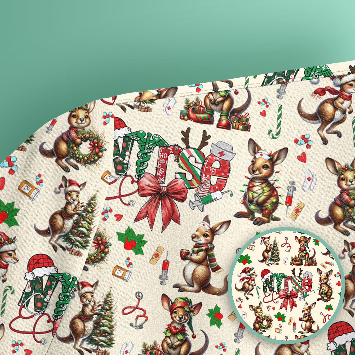 Whimsical Kangaroo Christmas Scrub Top – Festive Australian Animals Holiday Pattern – Cute Medical Uniform for Nurses, Vets & Healthcare Workers