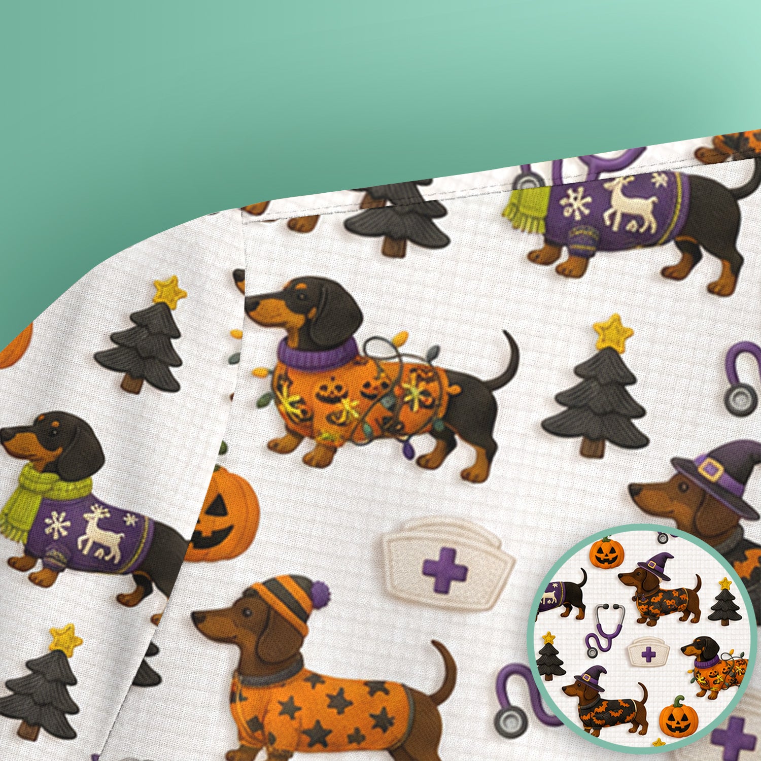 Halloween Dachshund with Pumpkin Stethoscope Print Scrub Top, Comfortable Scrubs for Nurses