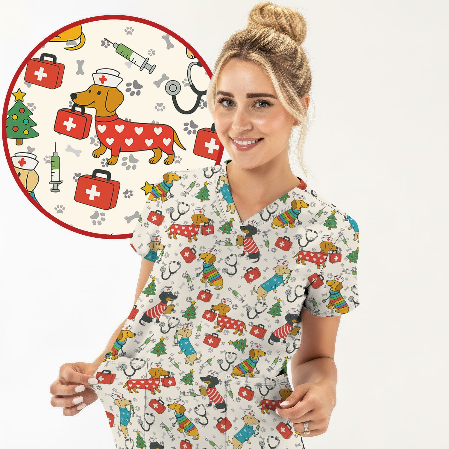 Christmas Dachshund Scrub Top - Funny Dog Nurse Scrubs Multi Color - Holiday Scrub Shirt Gift for Women Men, CNA, RN, Medical Professional