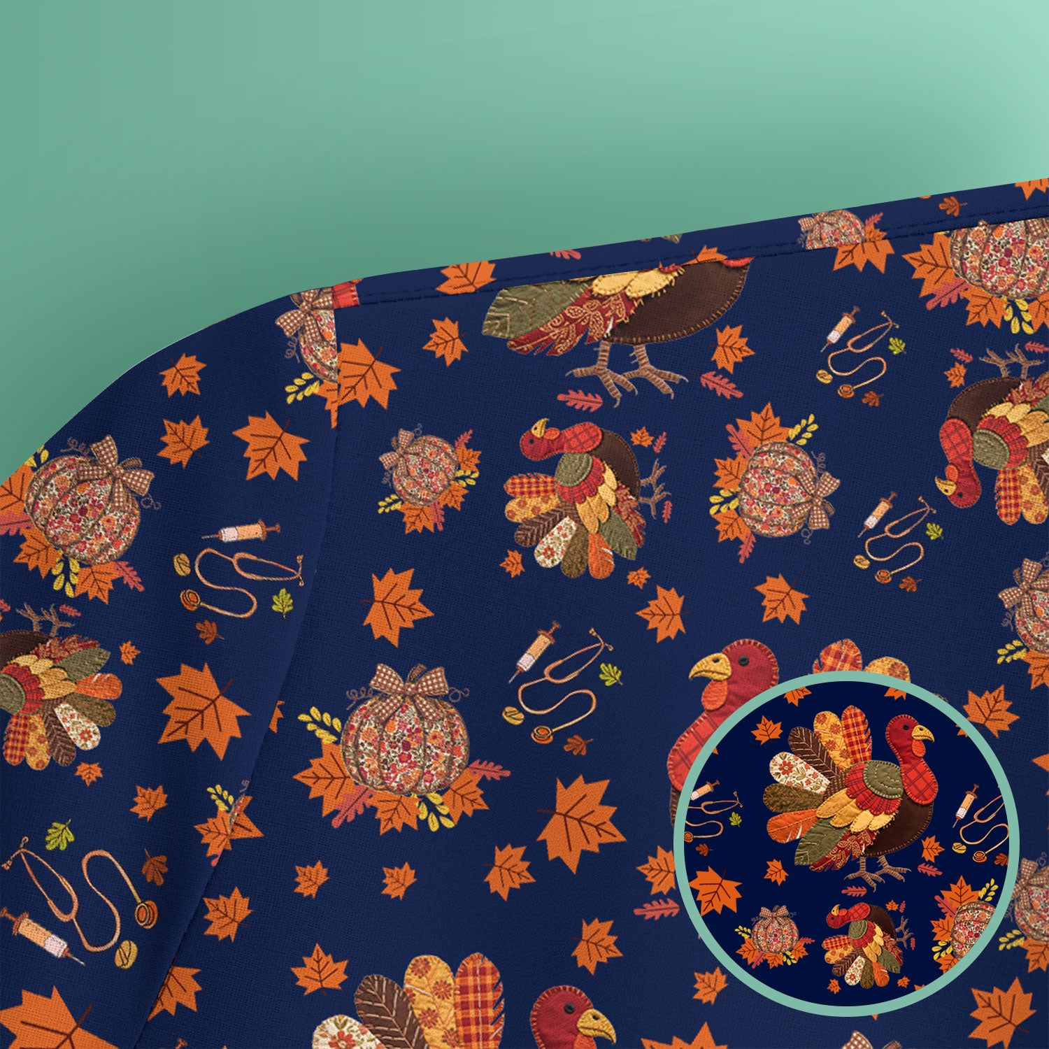 Thanksgiving Turkey Nurse Scrub Top for Women - Fall Leaves Pattern Shirts - Autumn Nursing Uniform Gift for RN LPN CNA