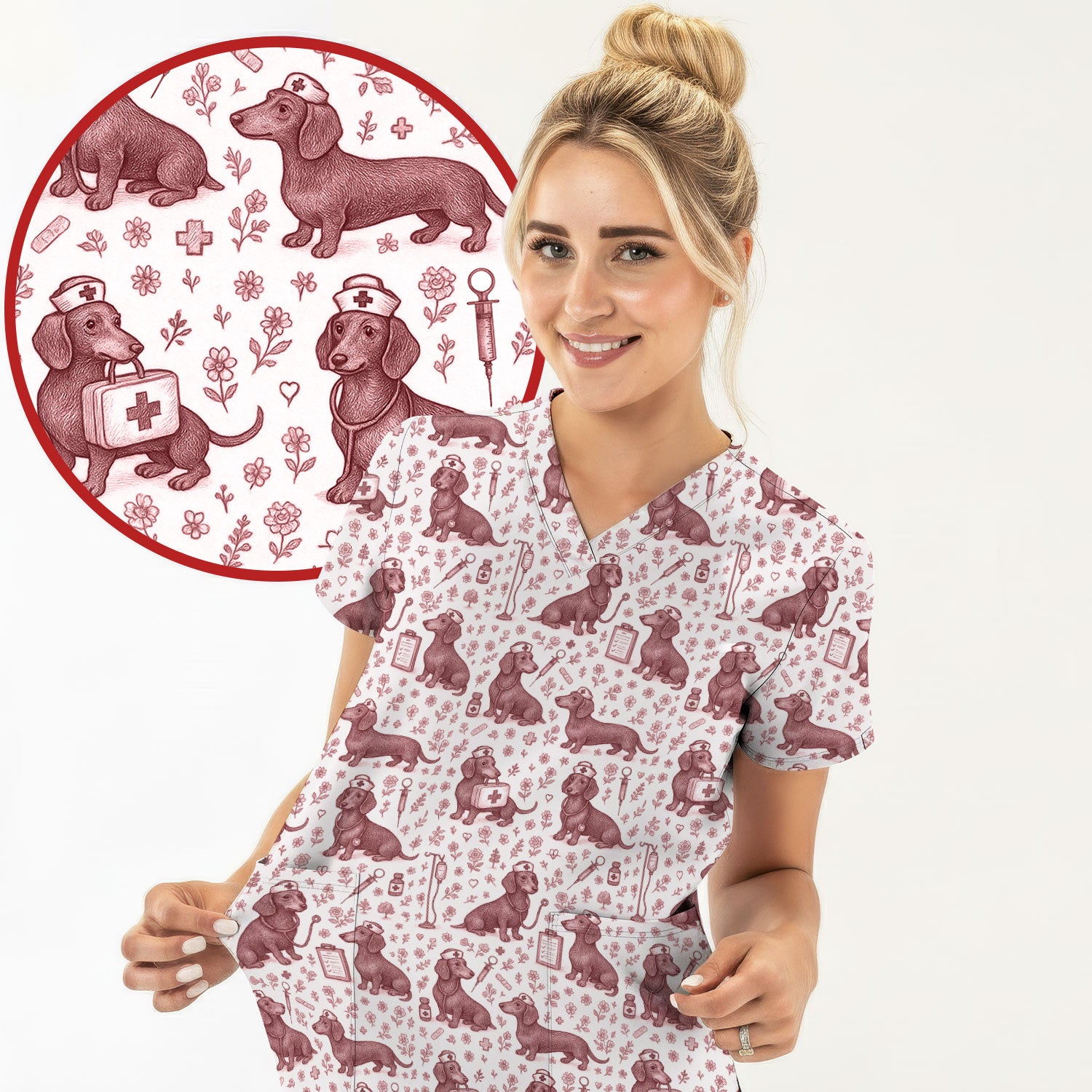 Dachshund Nurse Scrub Top - Cute Dog Pattern Scrubs for Women - Funny Medical Shirt with Vintage Line Art Design