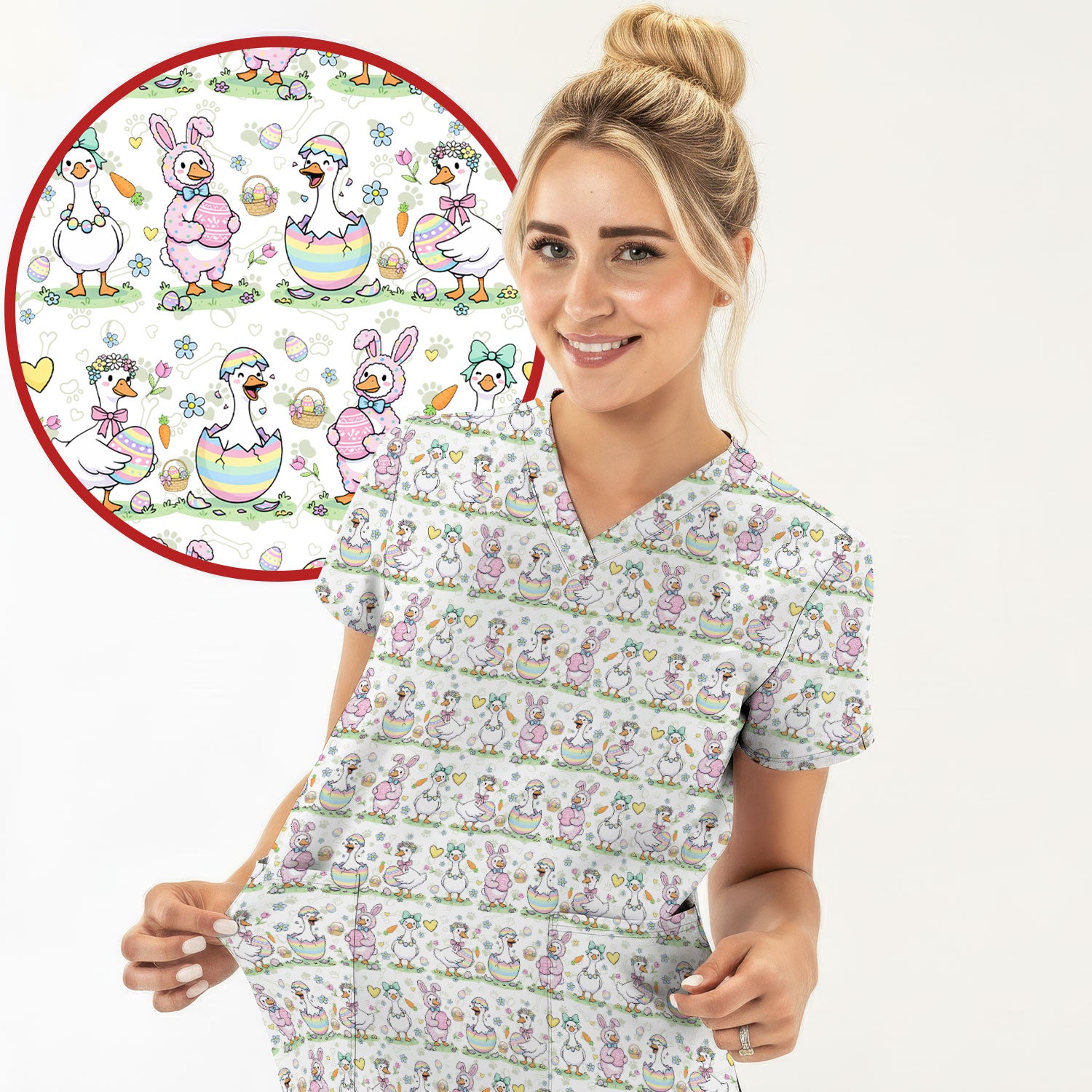 Pastel Easter Goose Bunny Egg Pattern Scrub Top, Comfortable Scrubs for Nurses