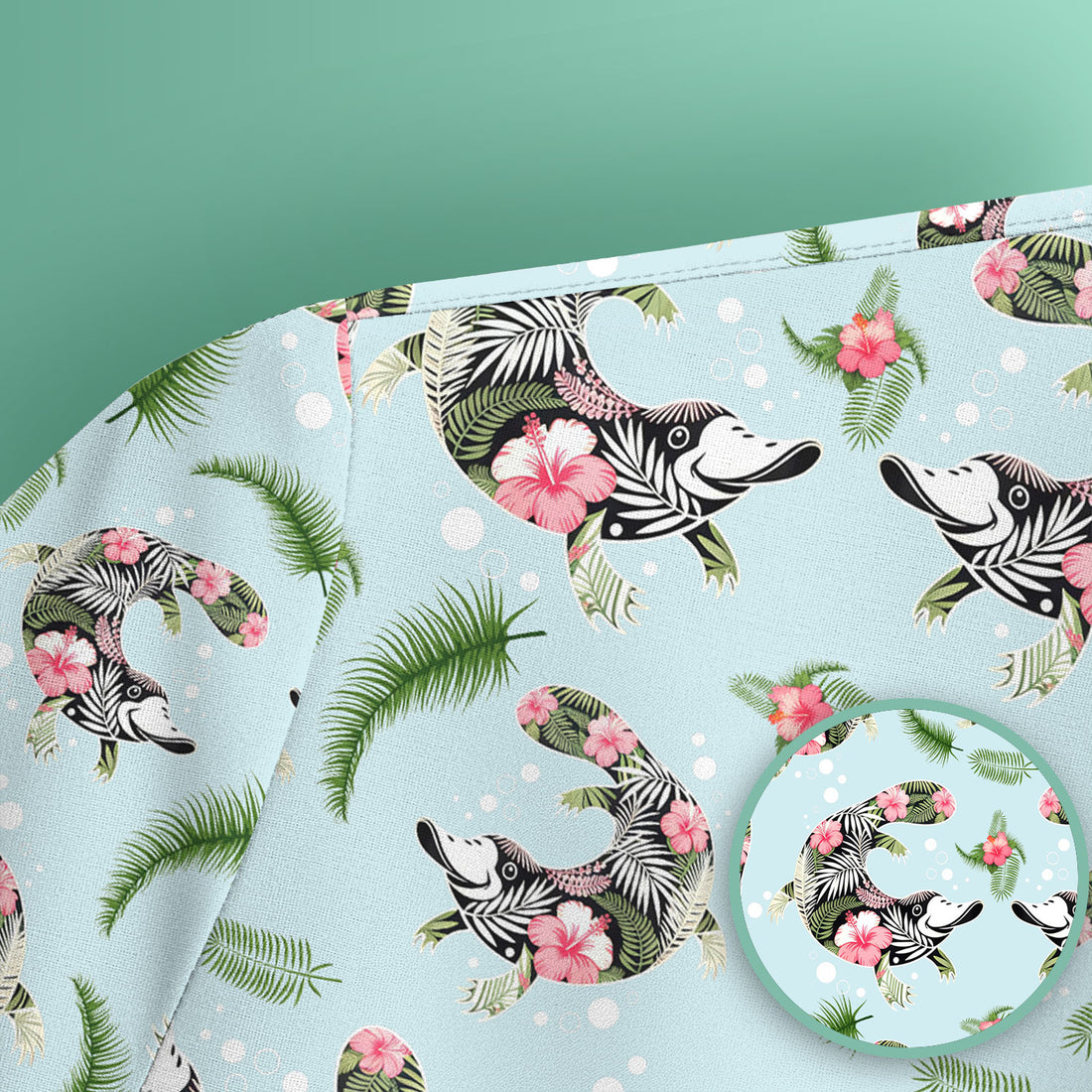 Cute Platypus Scrub Top, Tropical Floral Animal Pattern Nurse Shirt, Breathable Fabrics Nursing Uniform