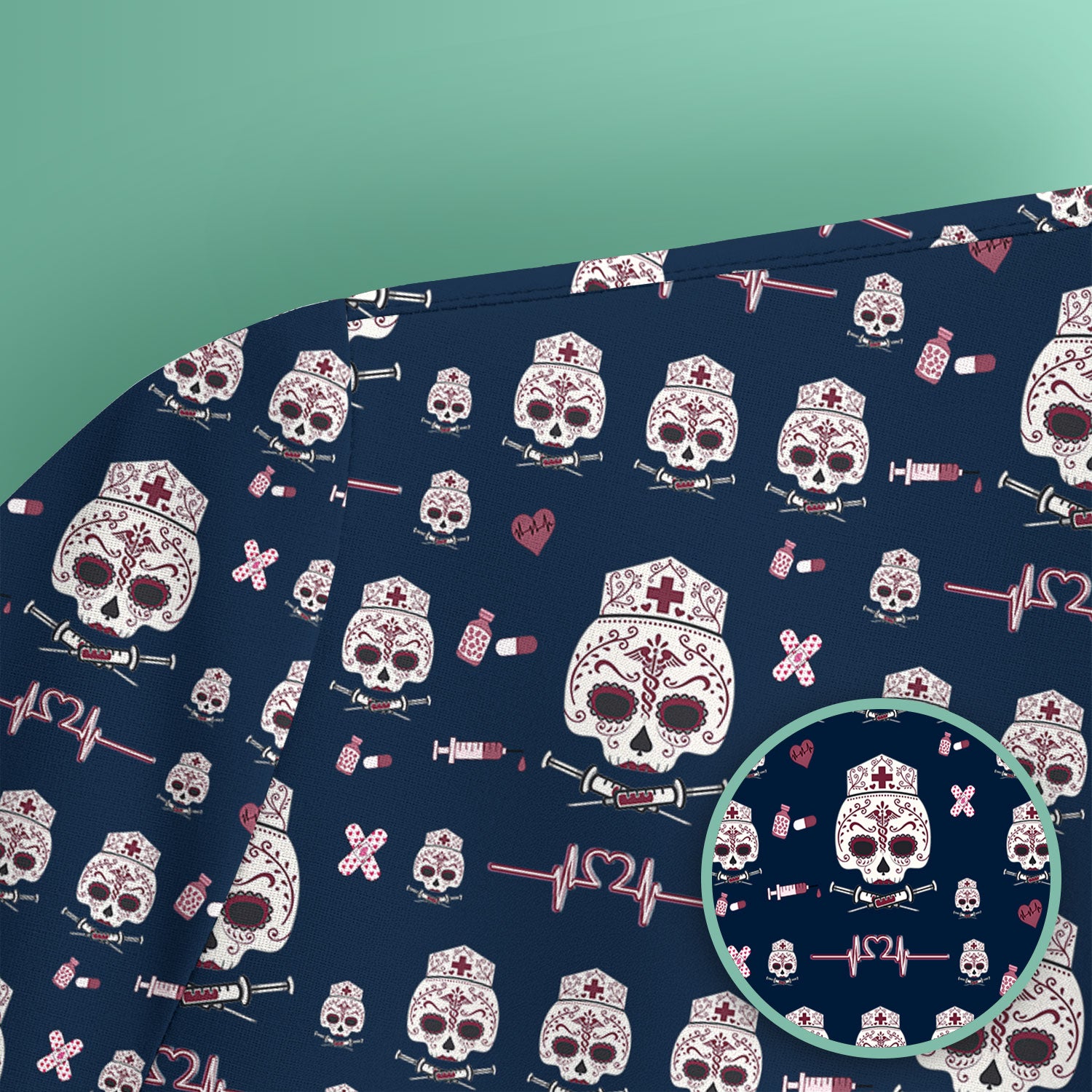 Sugar Skull Scrub Top, Skull Pattern Scrub Shirt, Breathable Fabrics Nursing Uniform