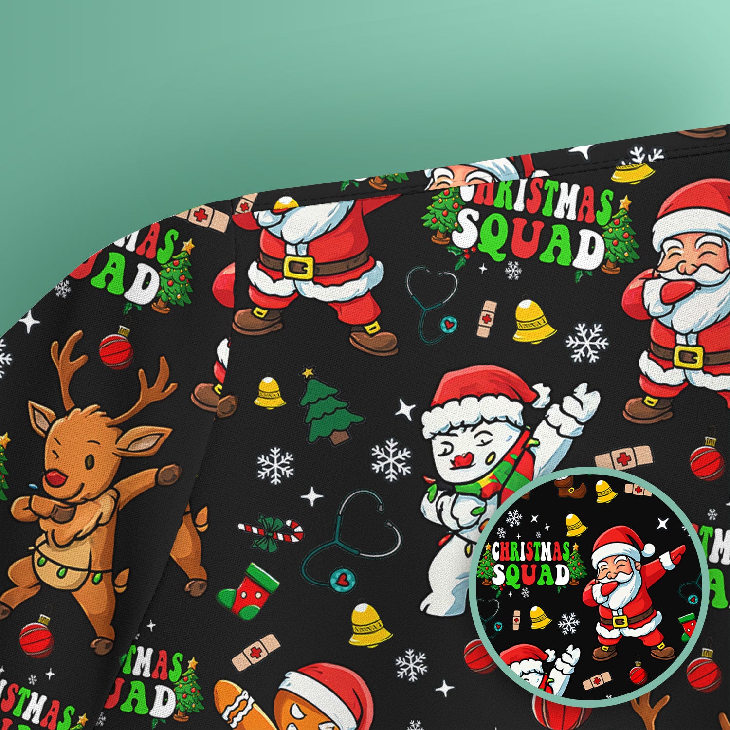 Christmas Squad Scrub Top - Funny Santa & Reindeer Shirt - Cute Holiday Medical Uniform for Nurses, Doctors & Vet Techs