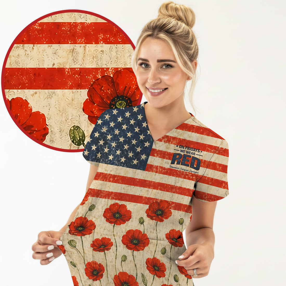 Patriotic American Flag Poppy Flower Pattern Scrub Top, Comfortable Scrubs for Nurses