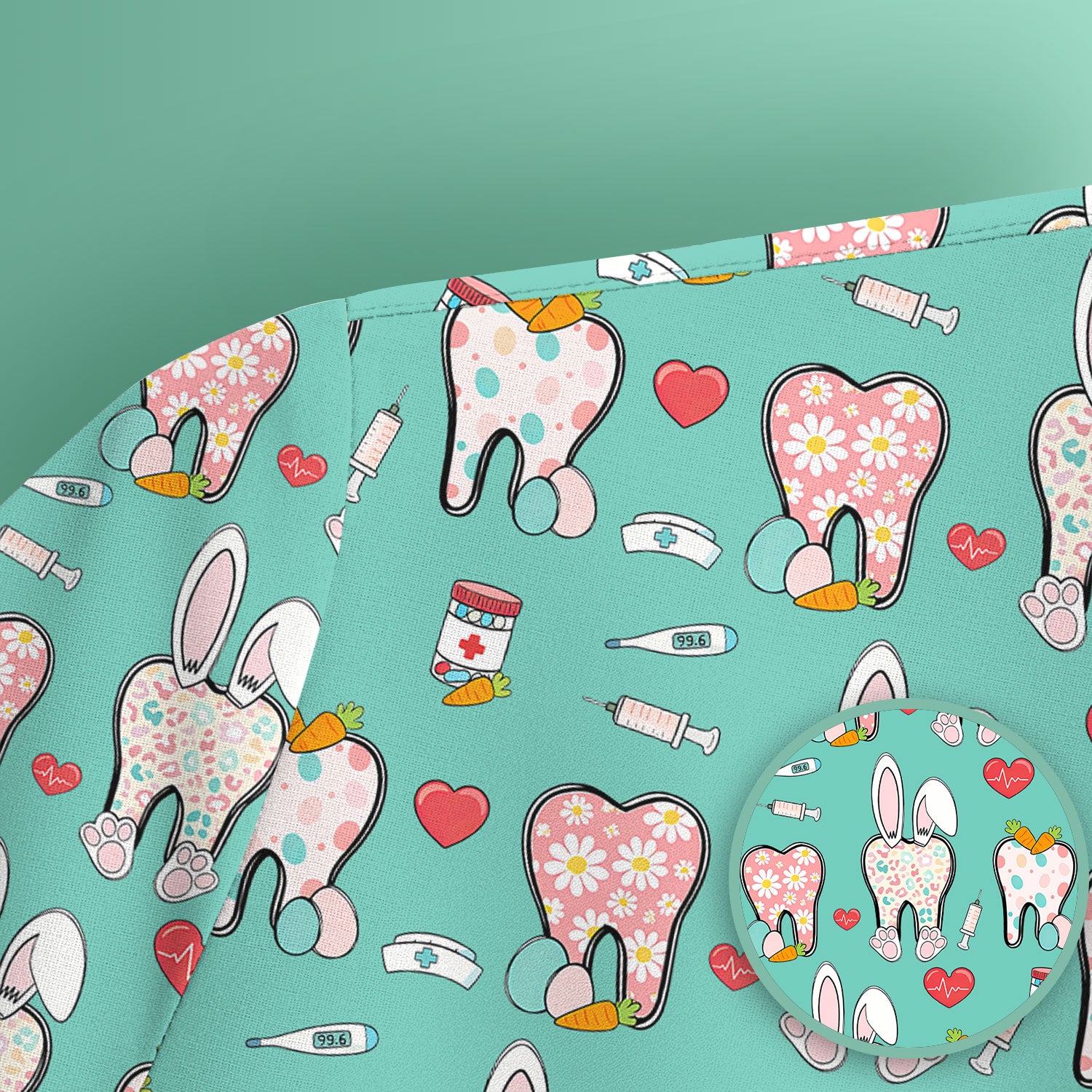 Playful Bunny Dentist Illustration Medical Scrub Top, Comfortable Scrubs for Nurses, Easter