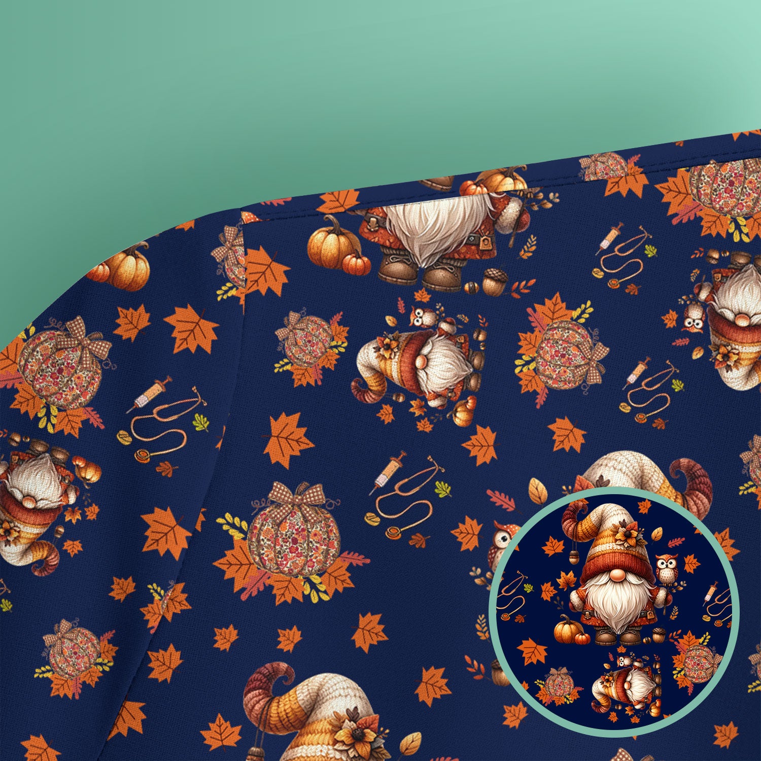 Fall Gnome Nurse Scrub Top for Women - Autumn Leaves Pumpkin Shirts - Thanksgiving Nursing Uniform Gift for RN LPN CNA