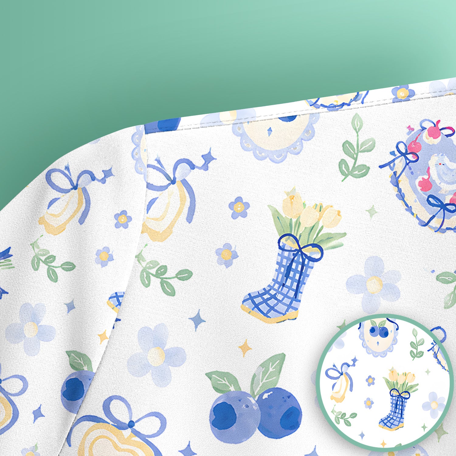 Cute Blueberry Bow Print Scrub Top, Comfortable Scrubs for Nurses