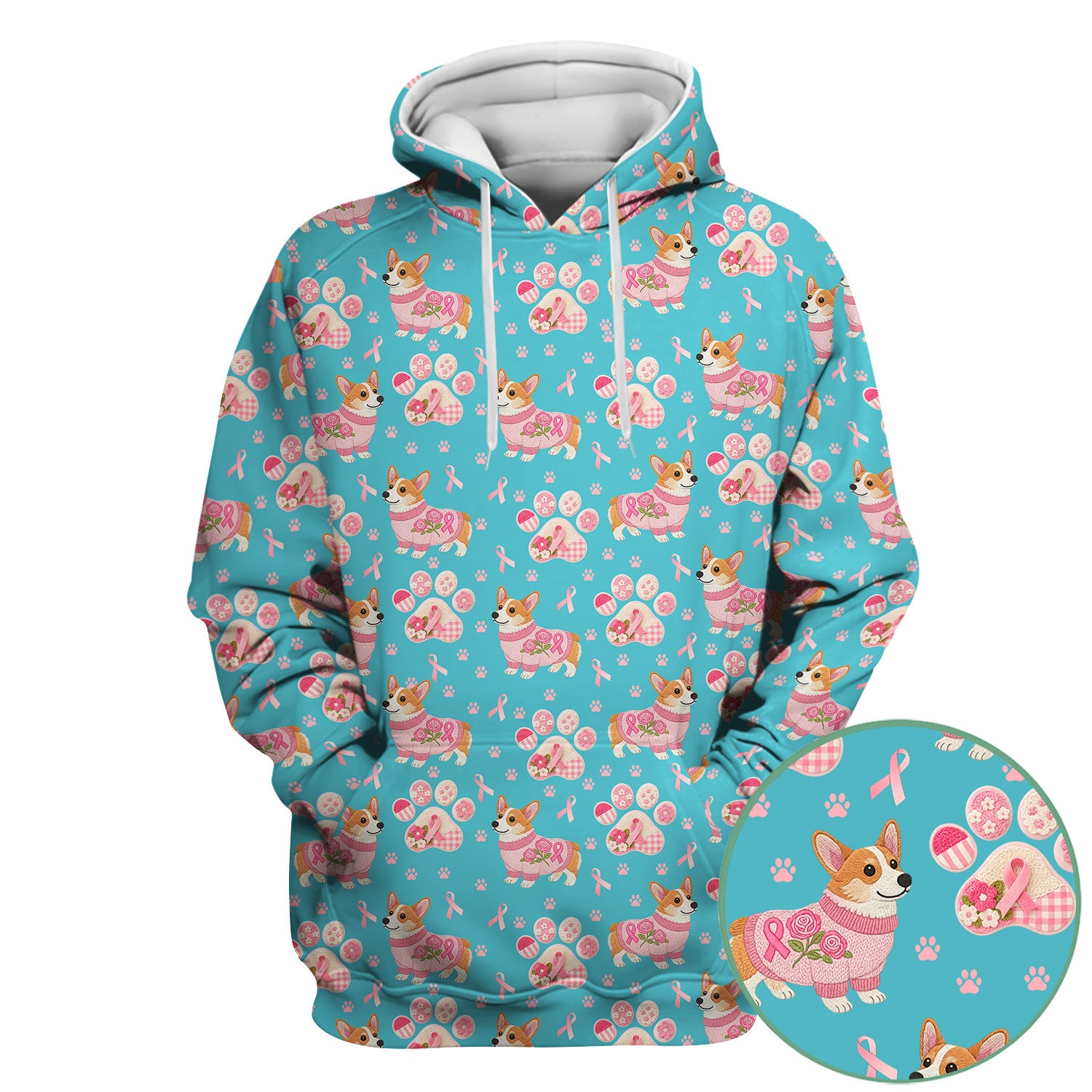 Floral Corgi Scrub Top for Women - Cute Dog Paw Print with Pink Ribbon Shirt - Breast Cancer Awareness October Gift