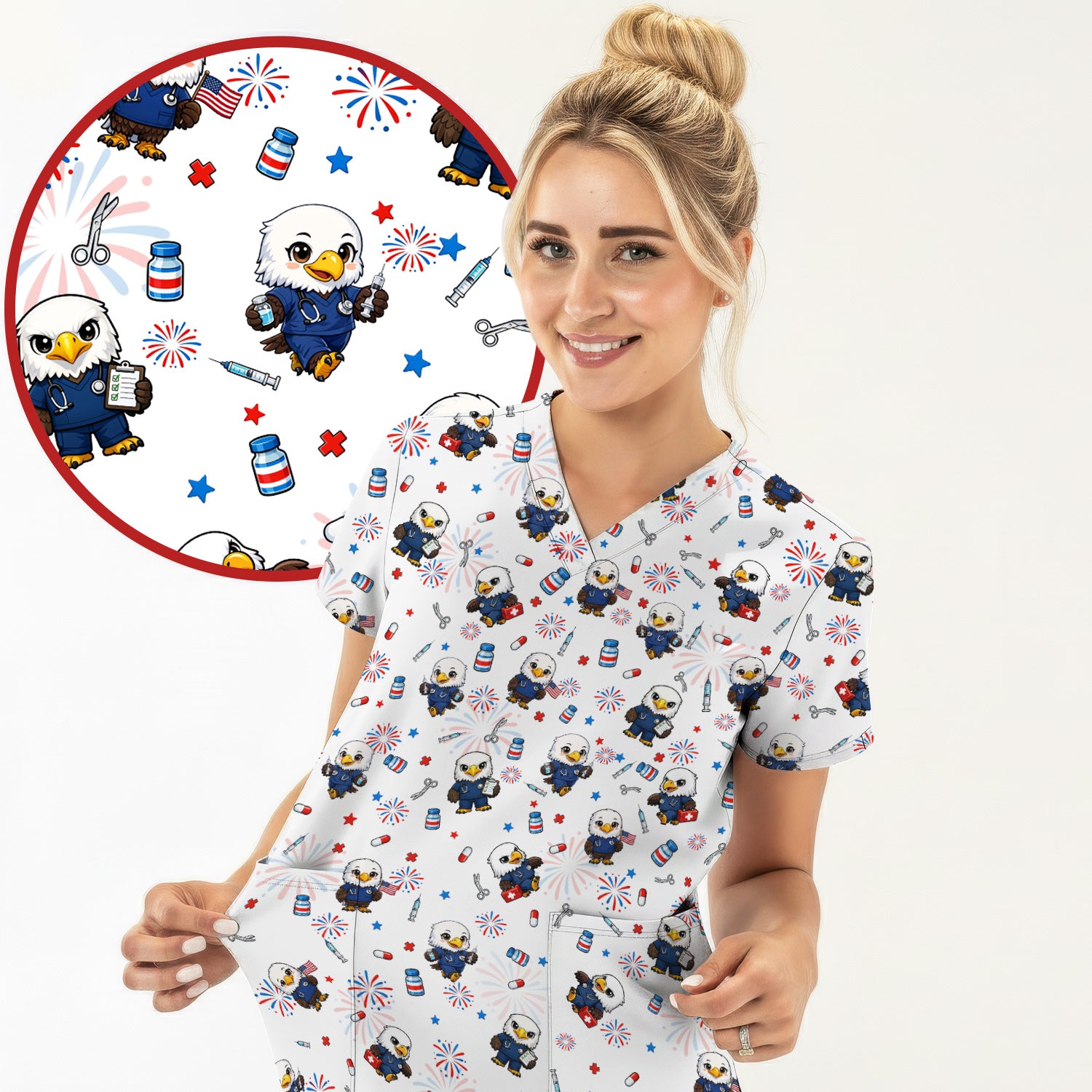 Patriotic Nurse Eagle Fireworks Medical Pattern Scrub Top, Breathable Fabrics Nursing Uniform