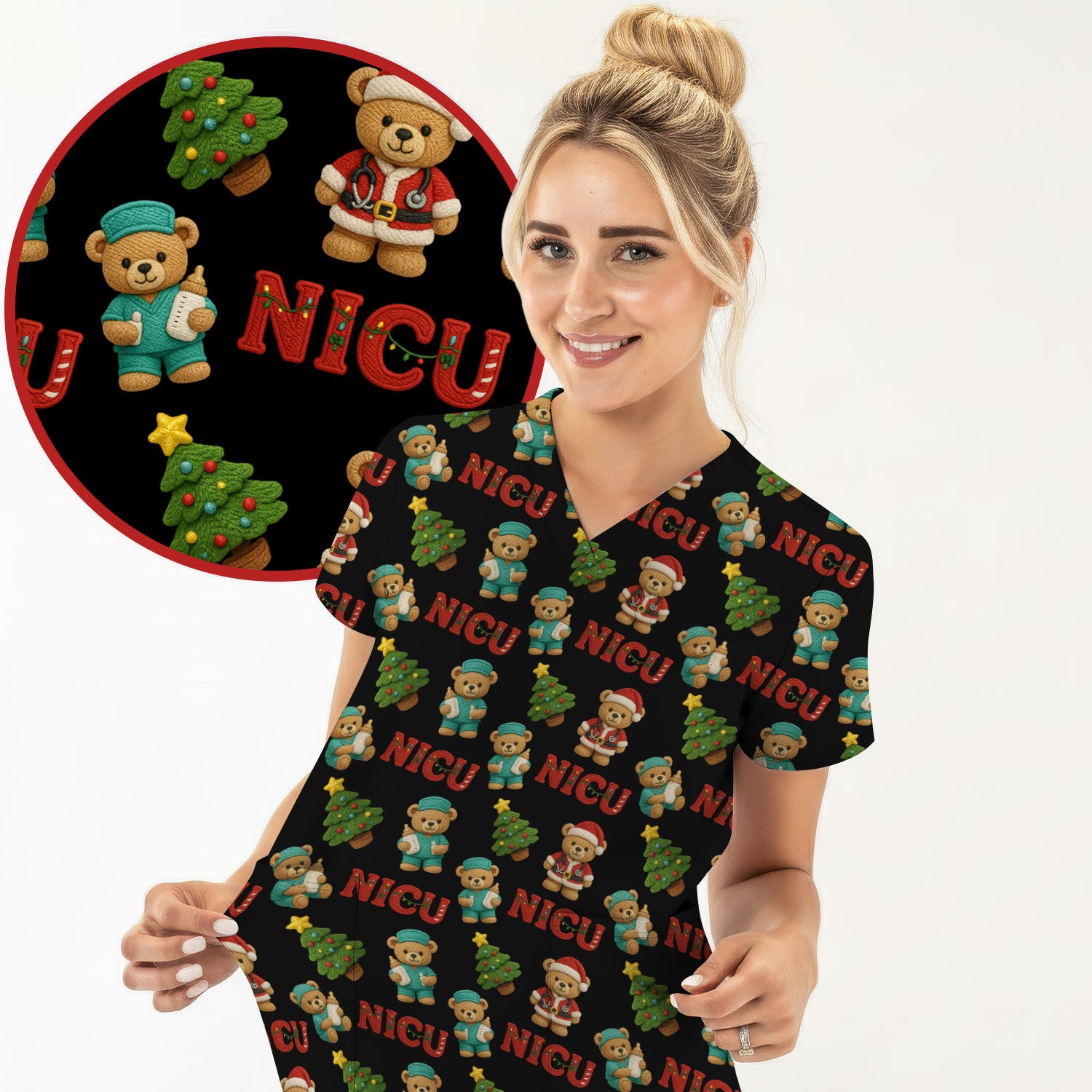 Festive Christmas NICU Nurse Teddy Bear Pattern, Breathable Fabrics Nursing Uniform
