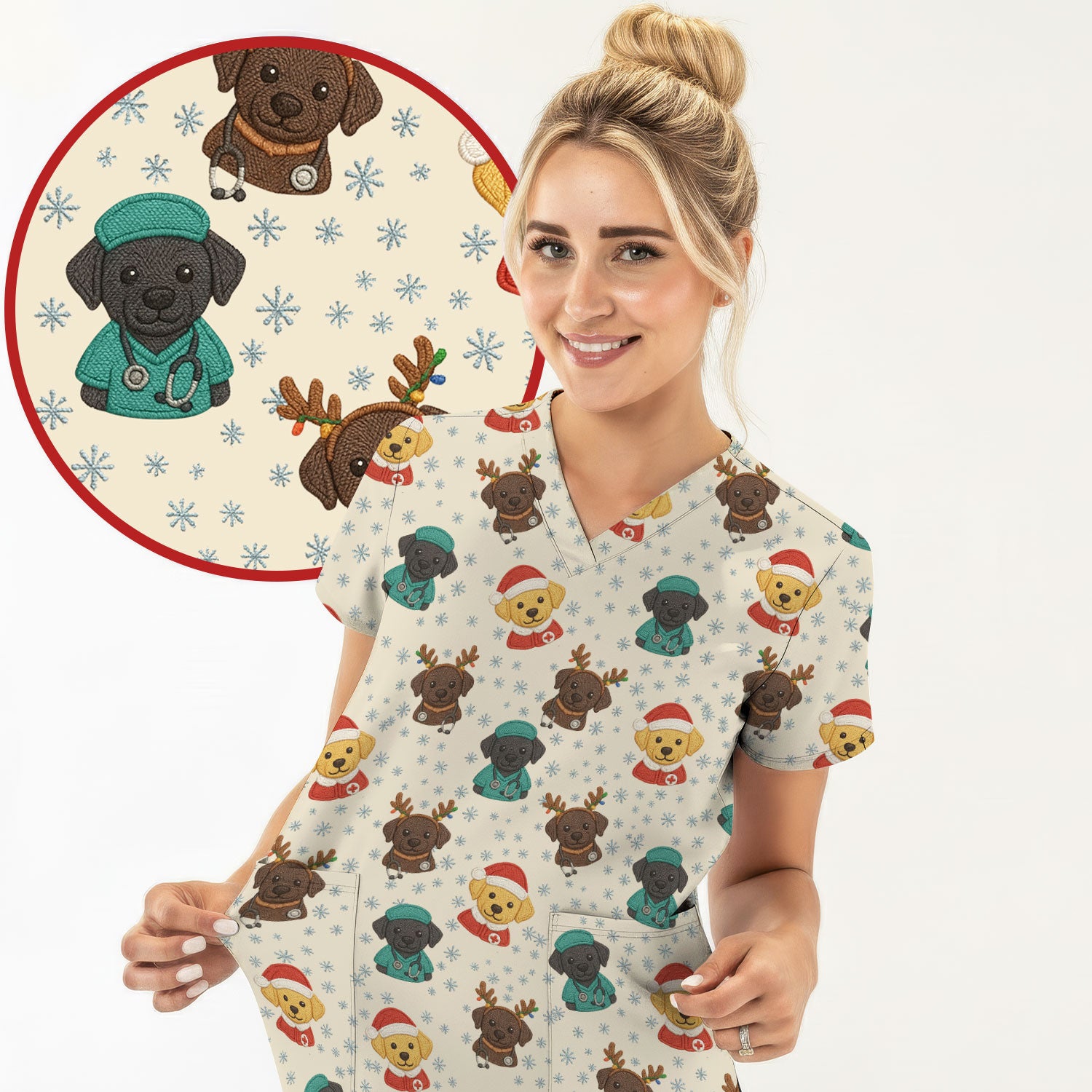 Christmas Dog Pattern Scrub Top, Cute Puppy Nurse Scrub Shirt, Holiday Nursing Uniform