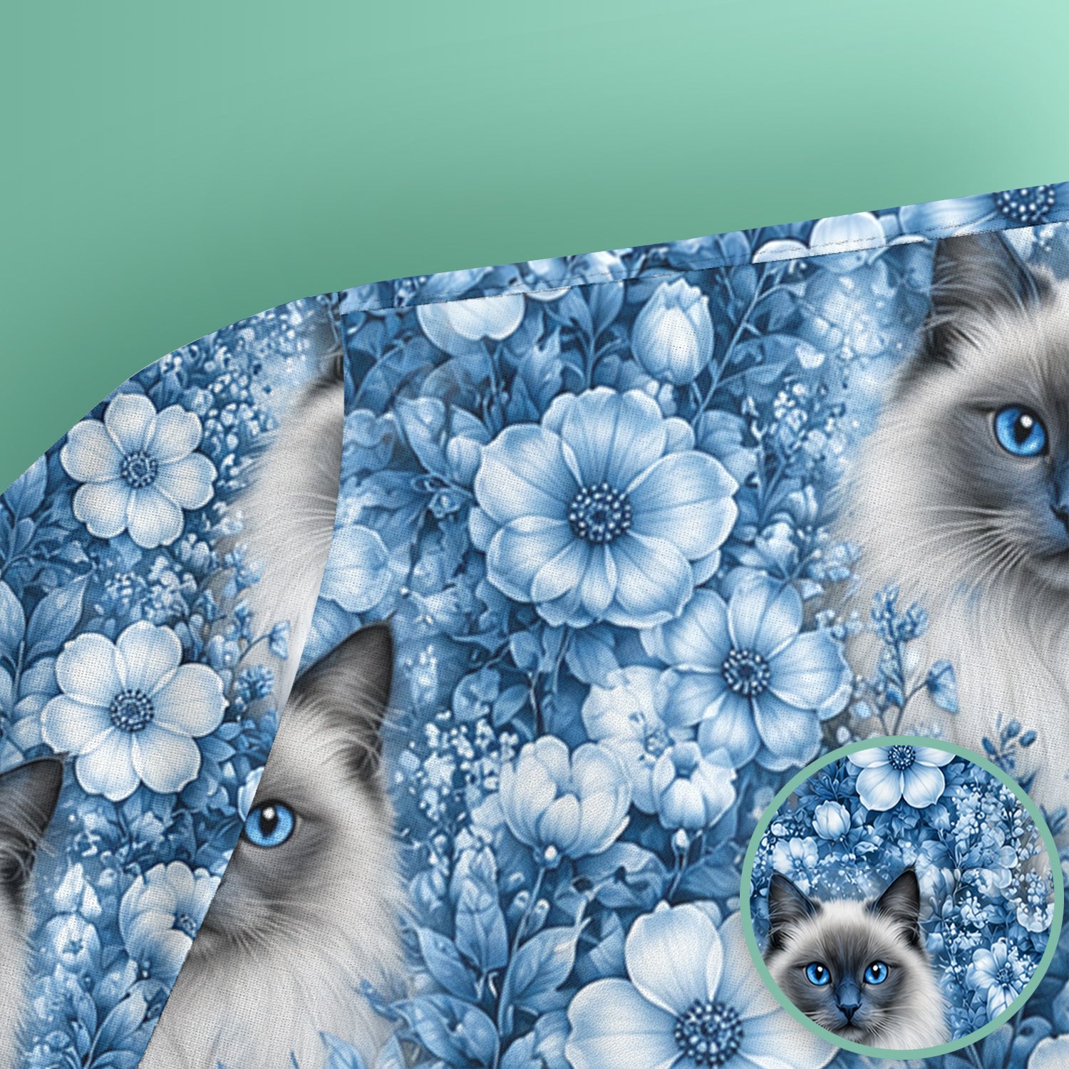 Blue Floral Ragdoll Cat Pattern Scrub Top, Comfortable Scrubs for Nurses