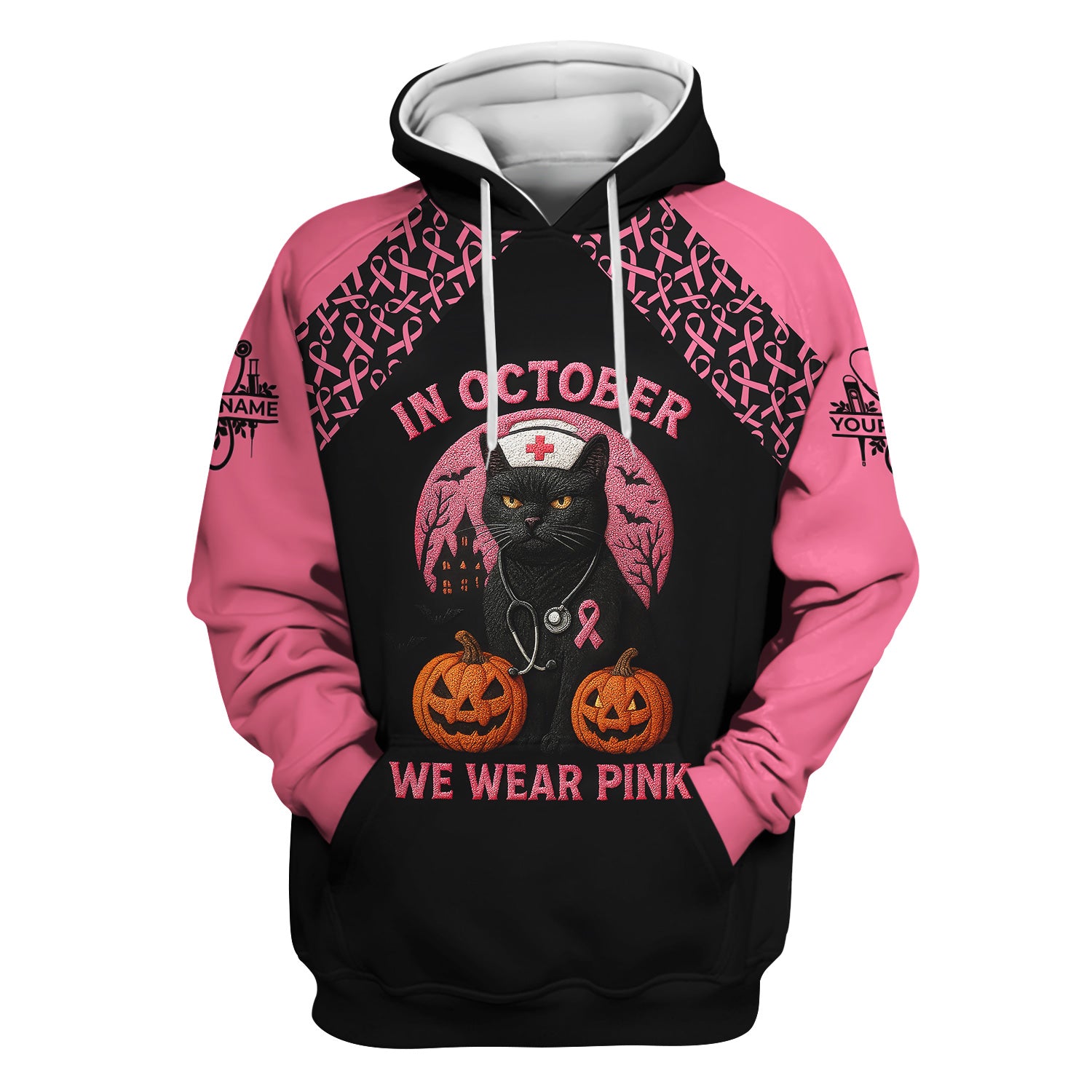 In October We Wear Pink Scrub Top - Breast Cancer Awareness Shirt for Women - Halloween Gift for RN CNA LPN ER