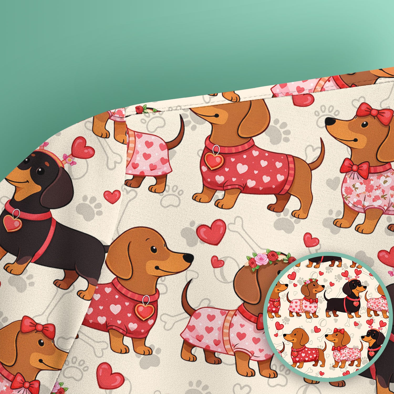 Valentine Dachshund Scrub Top, Wiener Dog Love Pattern Nurse Shirt, Breathable Fabrics Nursing Uniform