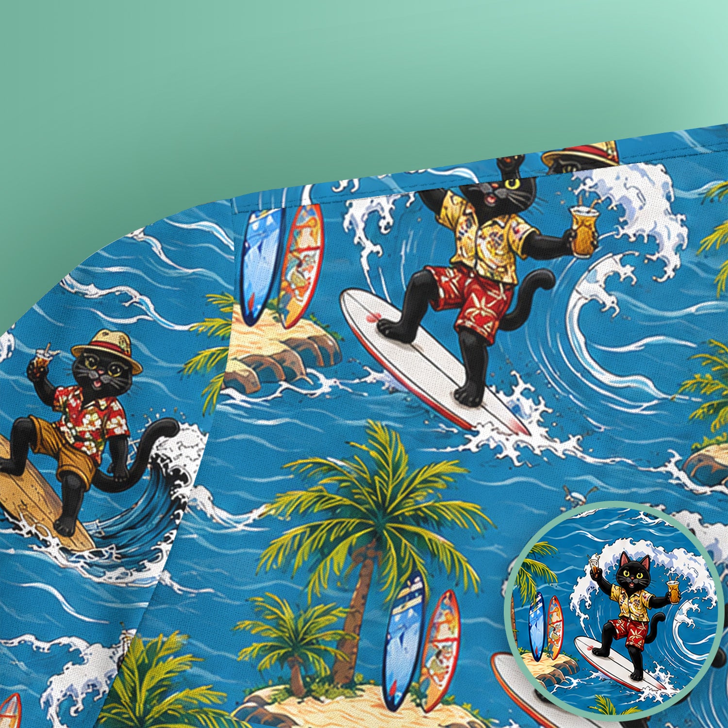 Tropical Black Cat Surfer Island Pattern Scrub Top, Comfortable Scrubs for Nurses