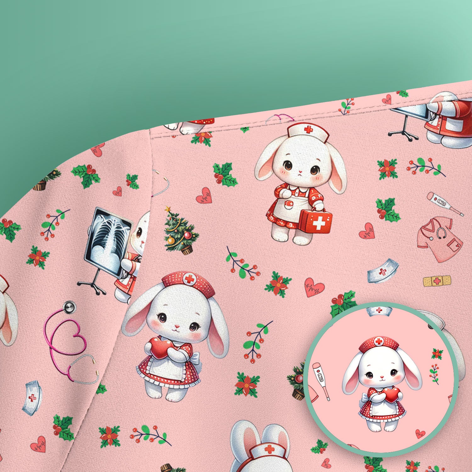 Cute Bunny Scrub Top for Nurse - Adorable Christmas Rabbit Shirt - Funny Holiday Medical Shirt Gift for Women RN LPN CNA