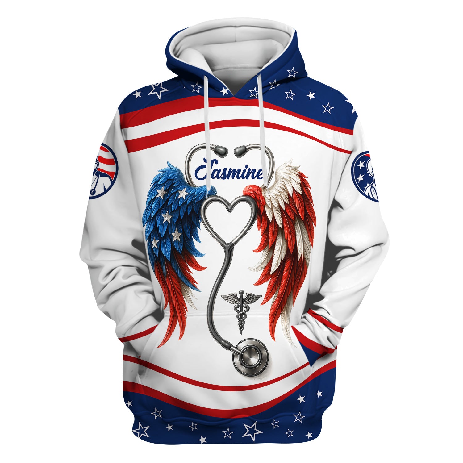 Personalized Nurse Shirt - American Flag Angel Wings & Scrubs Design - Patriotic Gift for RN LPN CNA Women