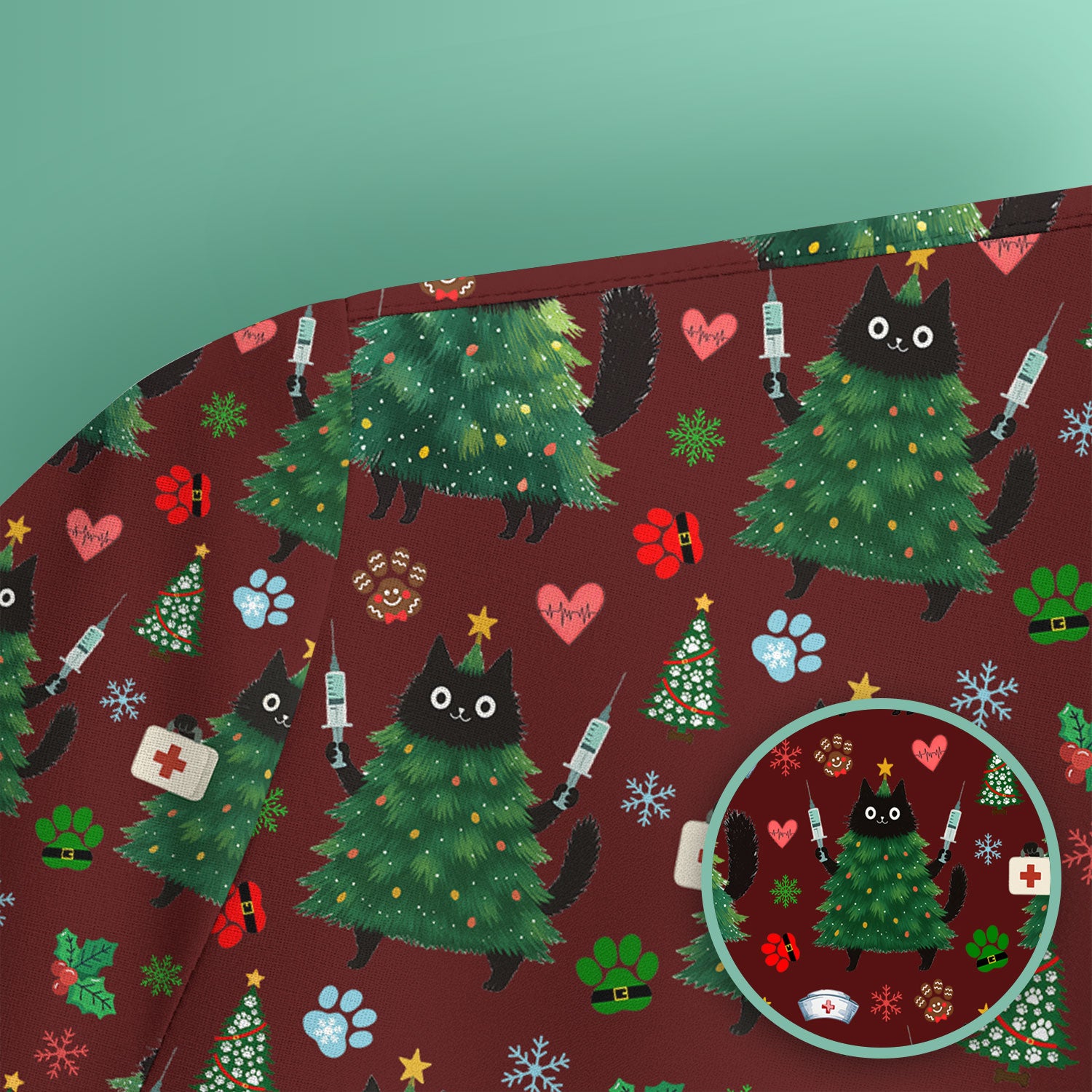 Christmas Nurse Scrub Top, Xmas Black Cat Pattern Nurse Shirt,  Breathable Fabrics Nursing Uniform