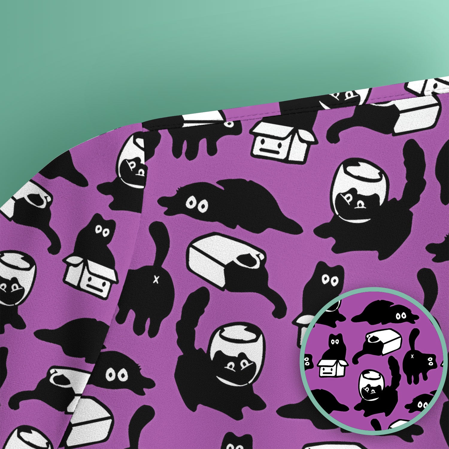 Dark Playful Cat Cartoon Pattern Scrub Top, Comfortable Scrubs for Nurses