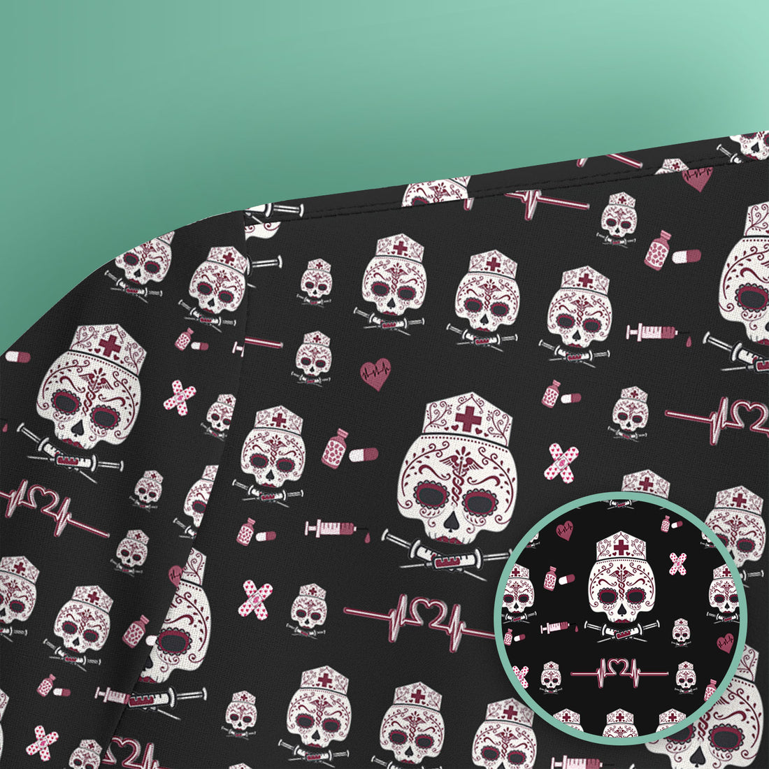 Sugar Skull Scrub Top, Skull Pattern Scrub Shirt, Breathable Fabrics Nursing Uniform