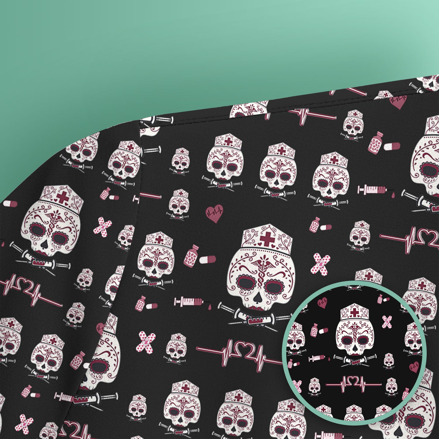 Sugar Skull Scrub Top, Skull Pattern Scrub Shirt, Breathable Fabrics Nursing Uniform