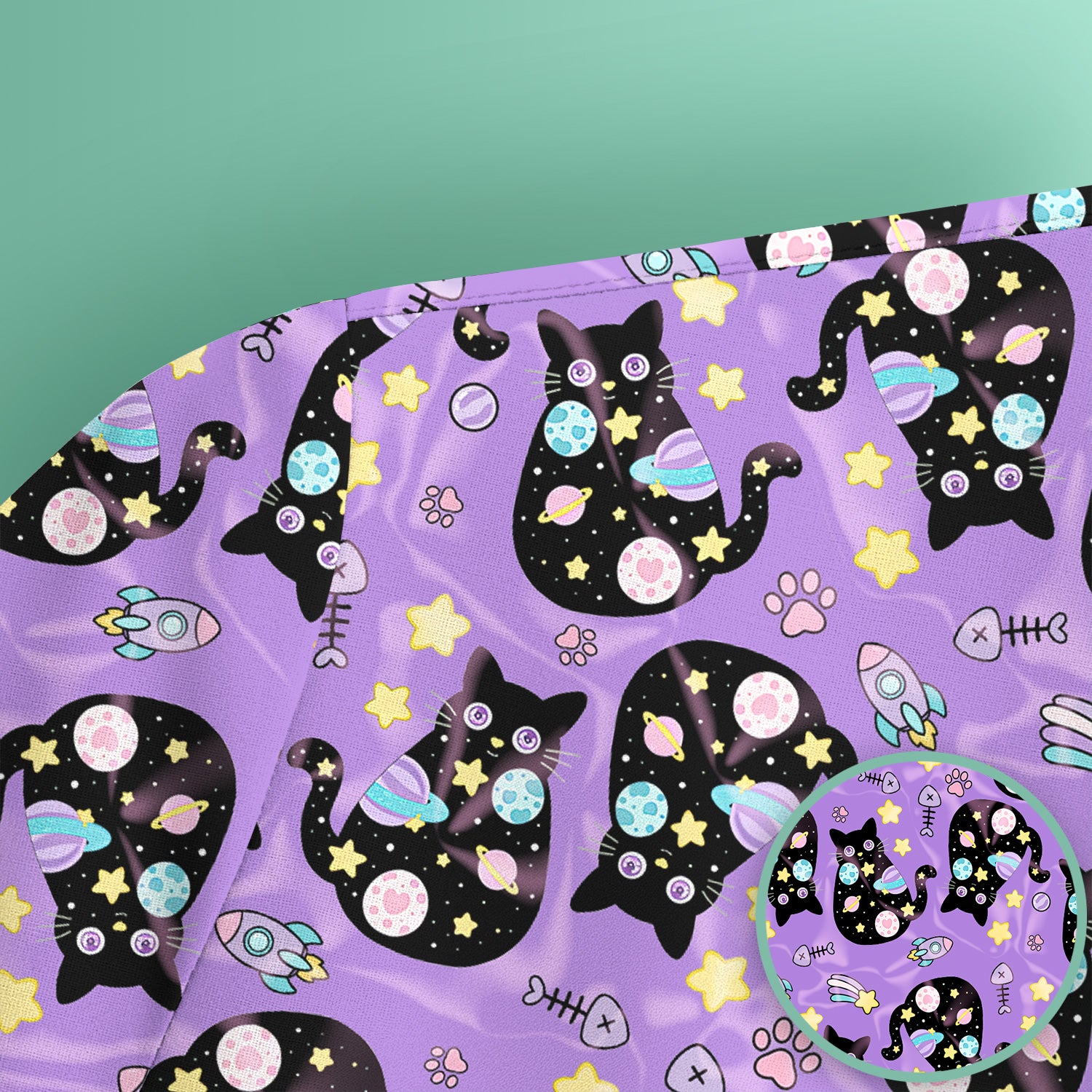 Galaxy Black Cat Space Pattern Scrub Top, Breathable Fabrics Nursing Uniform