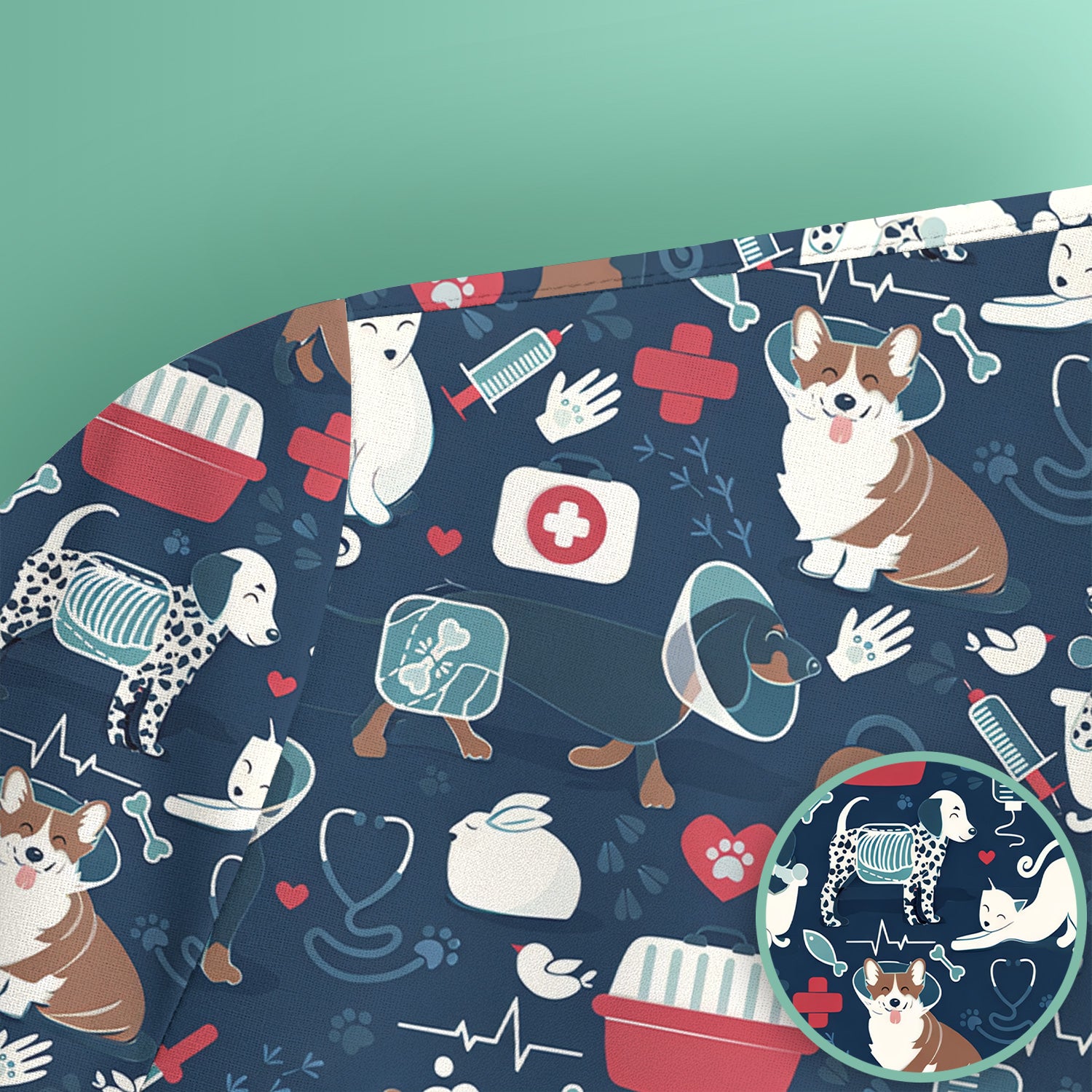 Dogs With Veterinary Tools And Paw Print Scrub Top, Breathable Fabrics Nursing Uniform