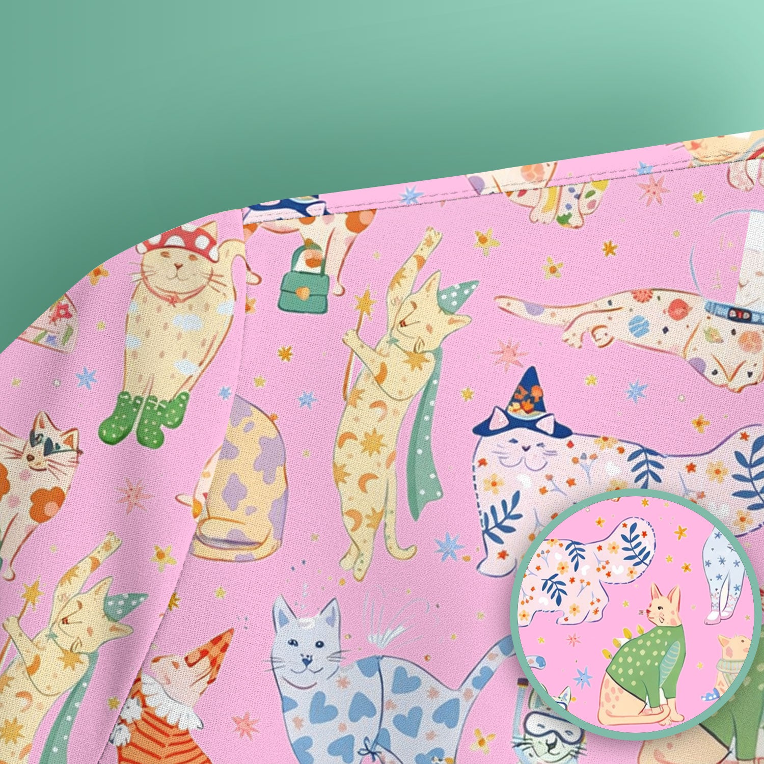 Colorful Pastel Cartoon Cats Print Scrub Top, Breathable Fabrics Nursing Uniform