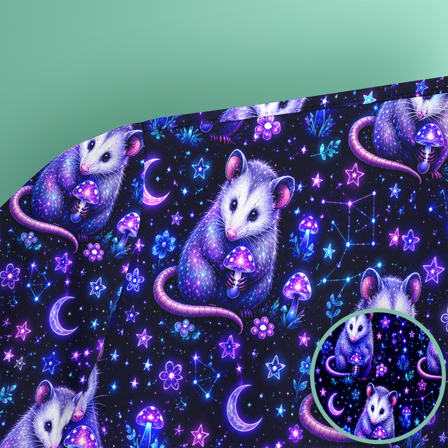 Neon Opossum Mushroom Galaxy Pattern Scrub Top, Comfortable Scrubs for Nurses