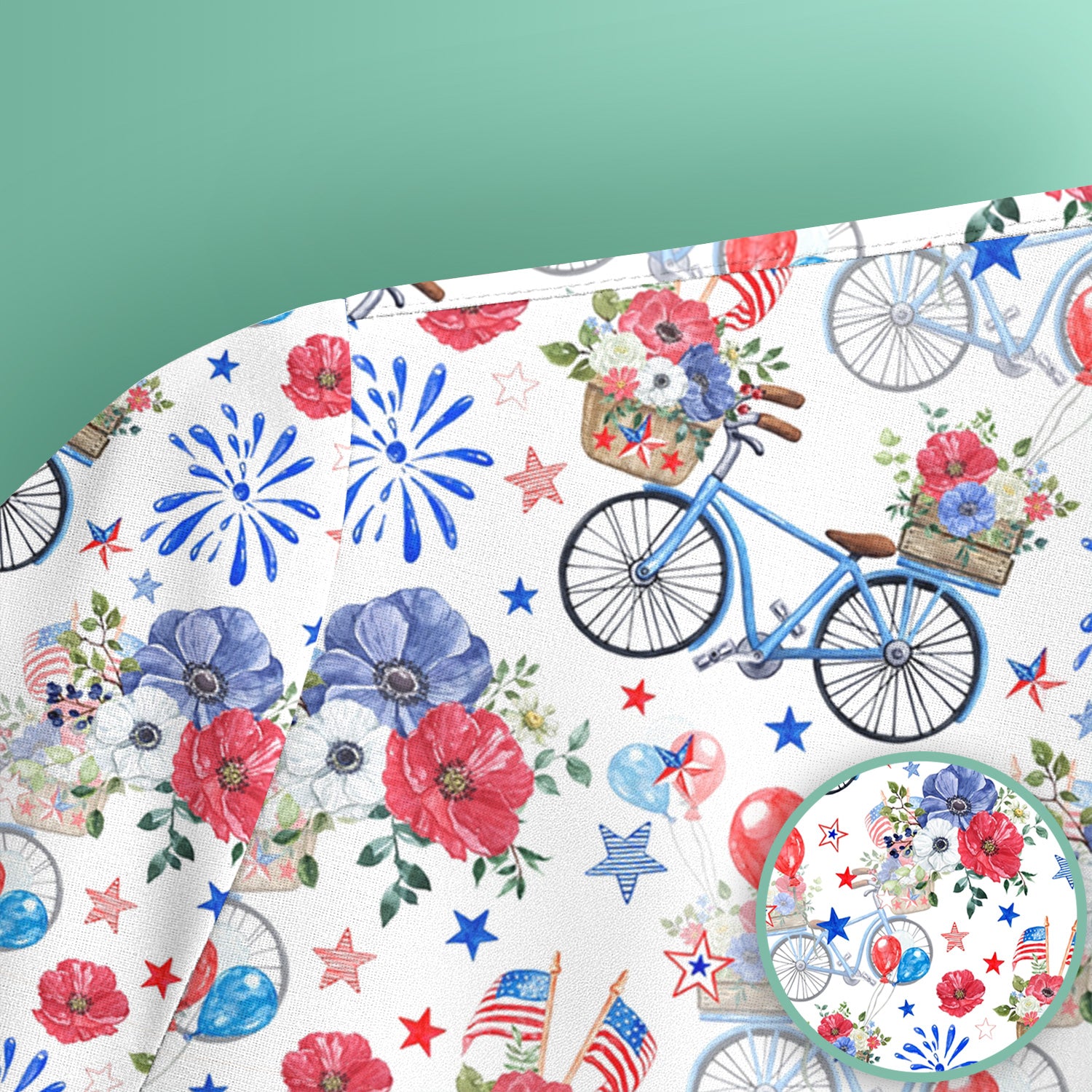 Patriotic Bicycle Floral Fireworks Print Scrub Top, Comfortable Scrubs for Nurses