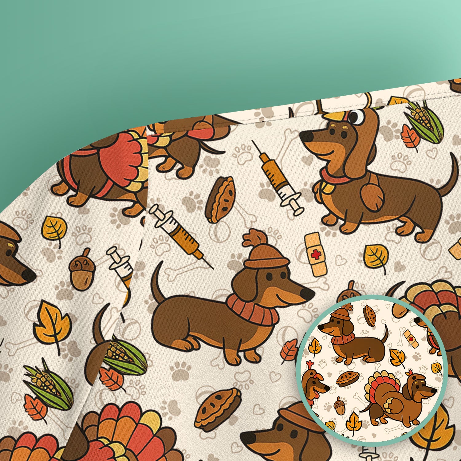 Thanksgiving Wiener Dog Scrub Top - Funny Dachshund TurkeChicken Nurse Shirt for Women - Cute Holiday Medical Uniform