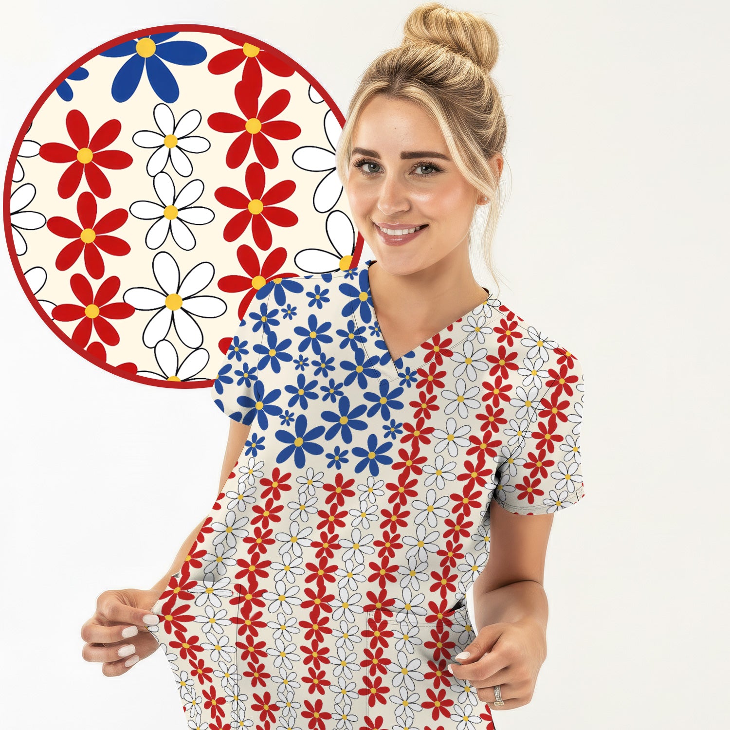 Retro Red Blue Daisy Stripe Pattern Scrub Top, Comfortable Scrubs for Nurses