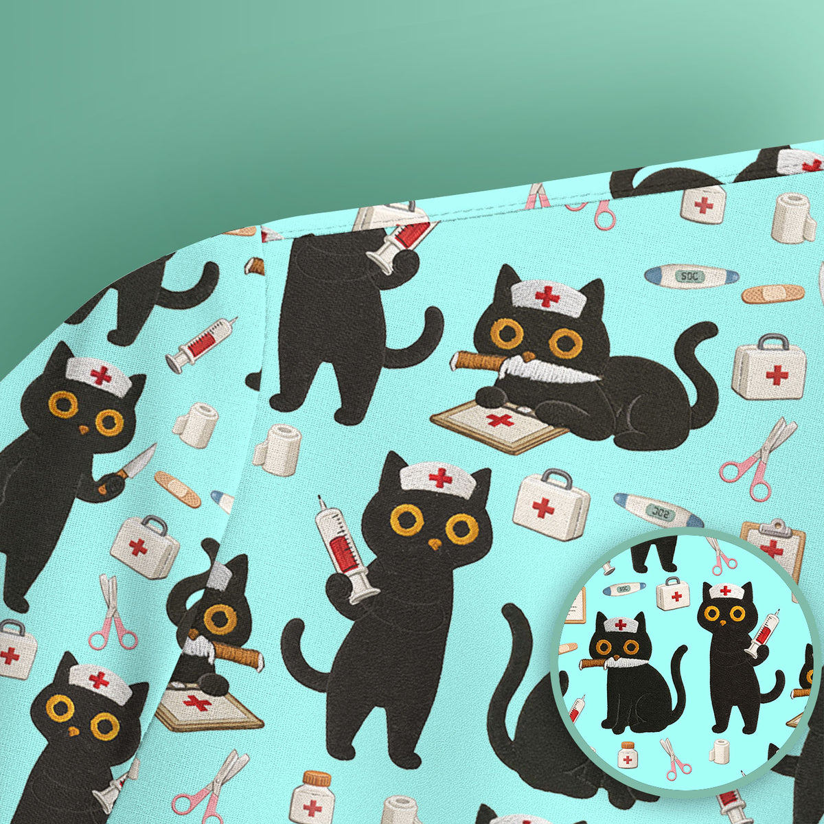 Cute Black Cat Nurse Pattern Scrub Top, Comfortable Scrubs for Nurses