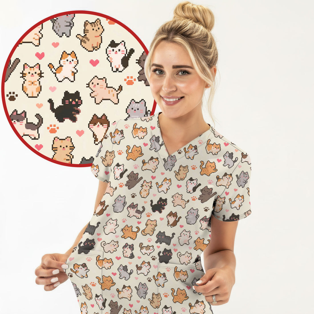 Cute Pixel Cat Heart Paw Pattern Scrub Top, Breathable Fabrics Nursing Uniform